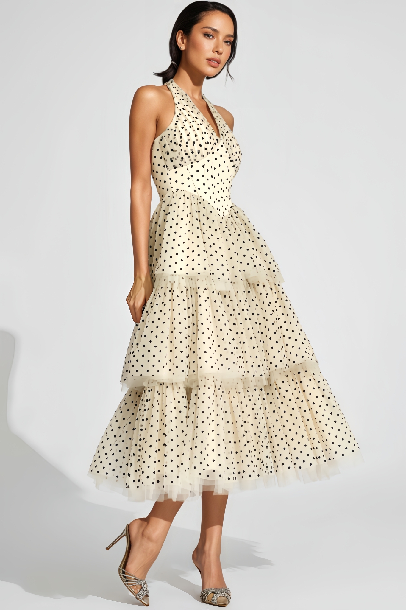 Joced Apricot Polka Dot Halter Midi Dress