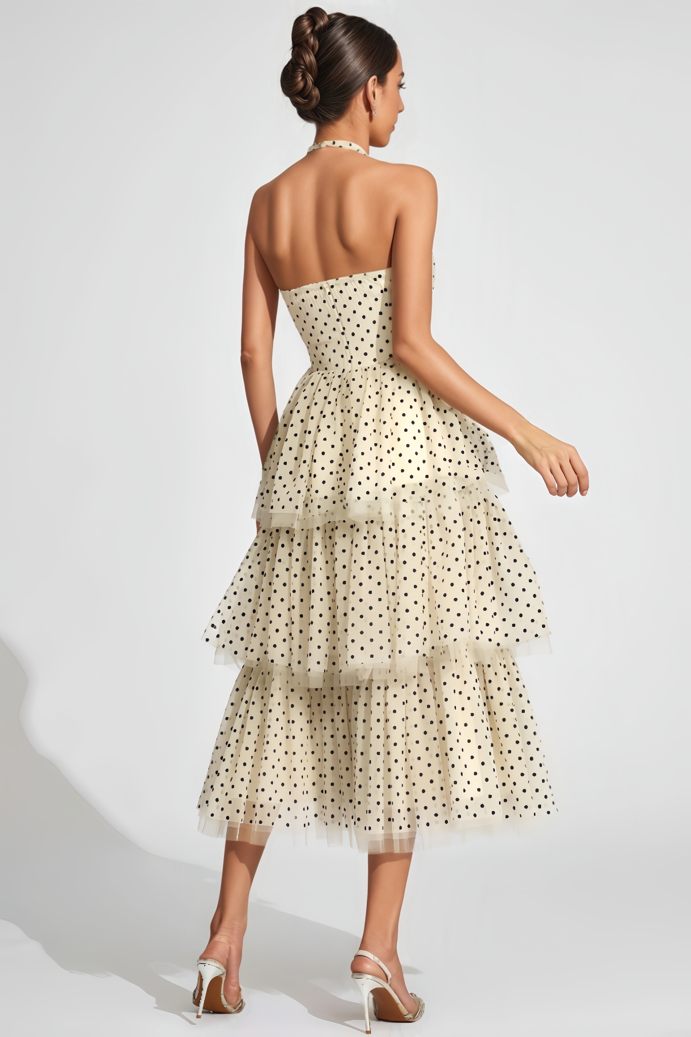 Joced Apricot Polka Dot Halter Midi Dress