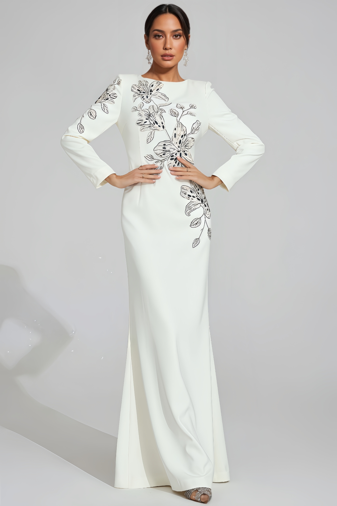 Trevk Floral Embroidered Long Sleeve Maxi Dress