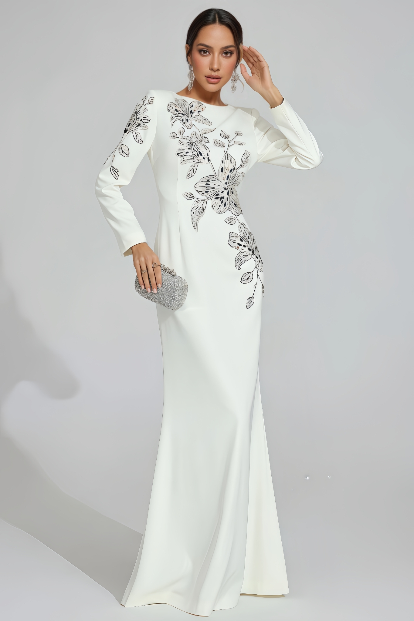 Trevk Floral Embroidered Long Sleeve Maxi Dress