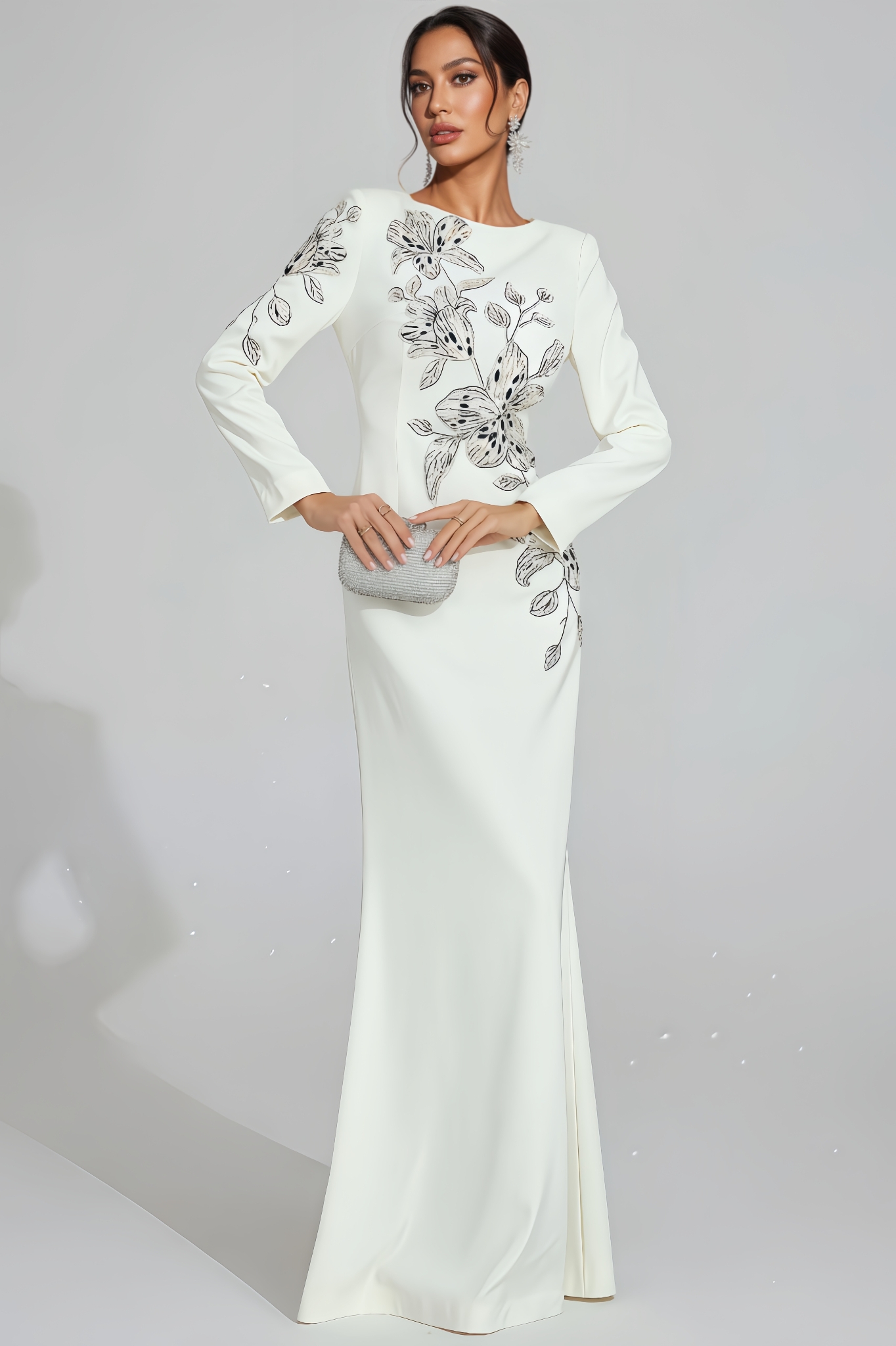 Trevk Floral Embroidered Long Sleeve Maxi Dress