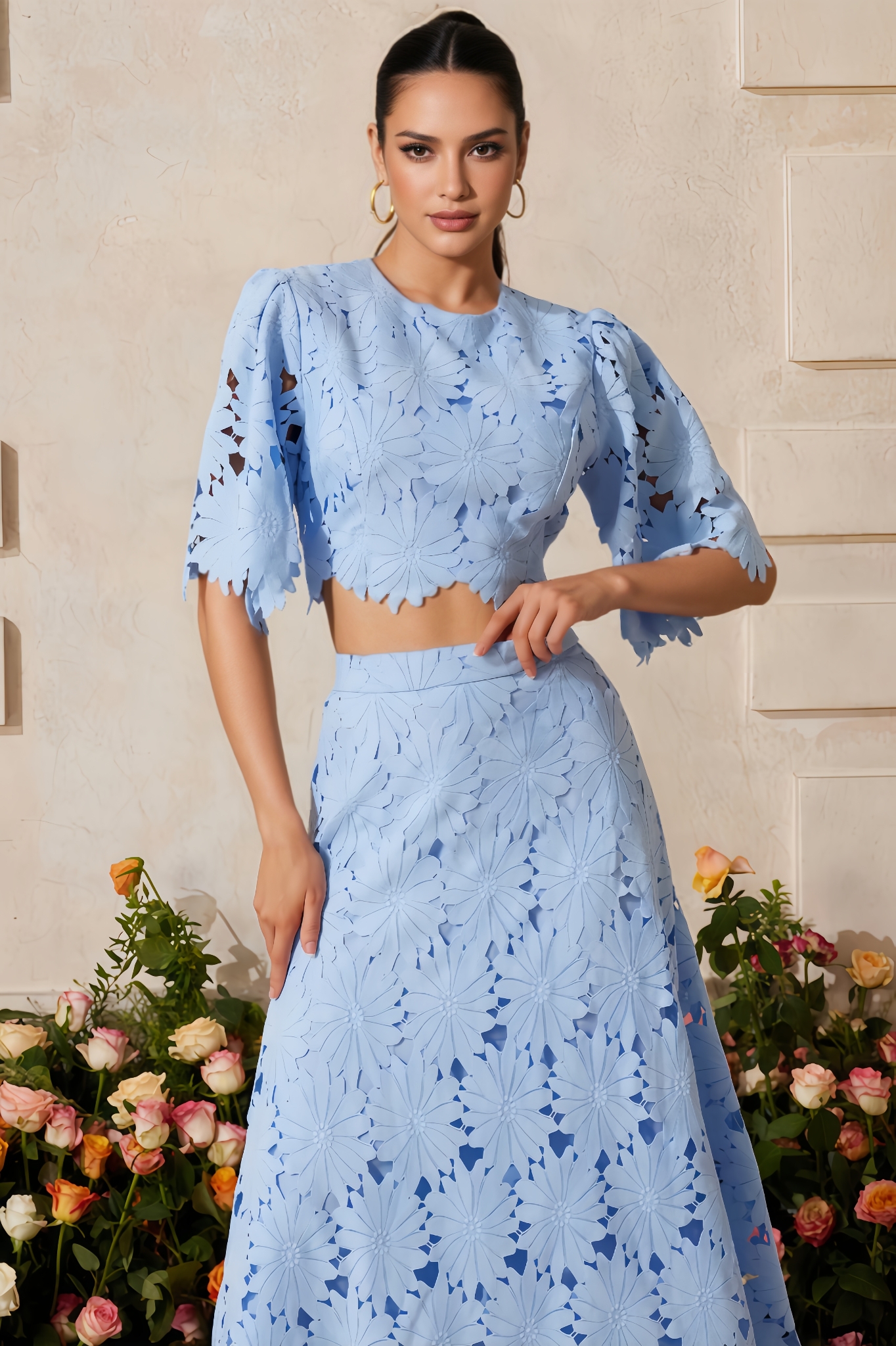 Hena Flowers Lace Top And Skirt Two-Piece Set