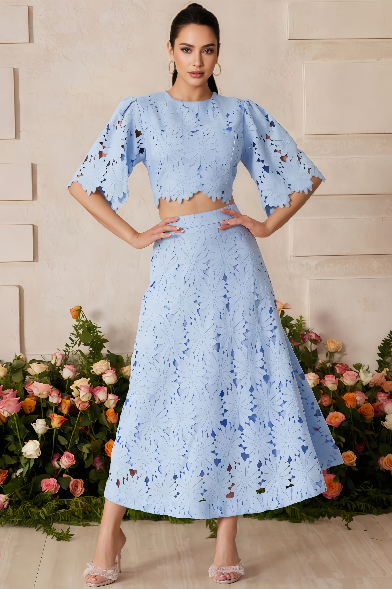 Hena Flowers Lace Top And Skirt Two-Piece Set