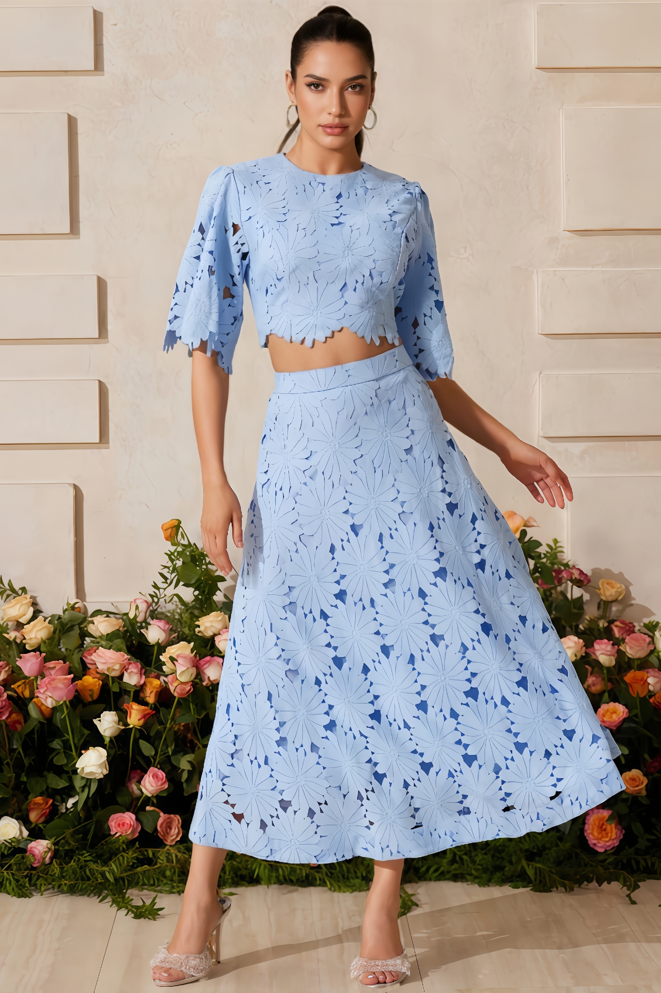 Hena Flowers Lace Top And Skirt Two-Piece Set