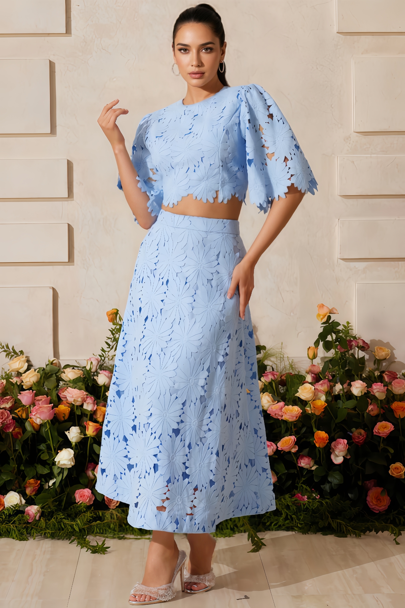 Hena Flowers Lace Top And Skirt Two-Piece Set