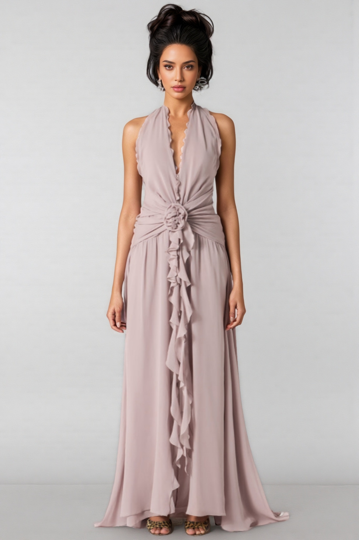 Yulia Purple 3D Flower Ruffled Maxi Dress