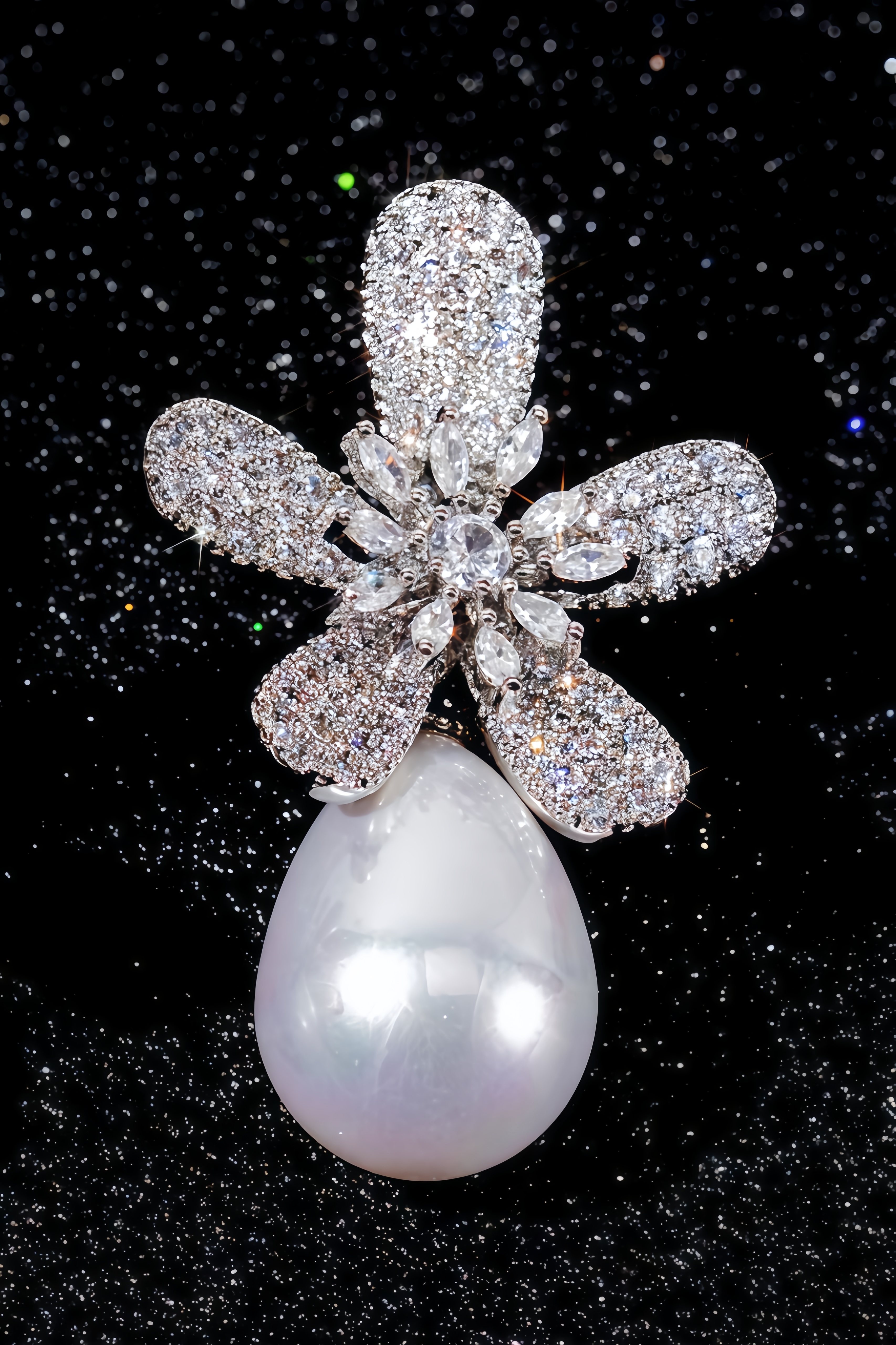 Reid Flower Diamond Water Drop Pearl Earrings