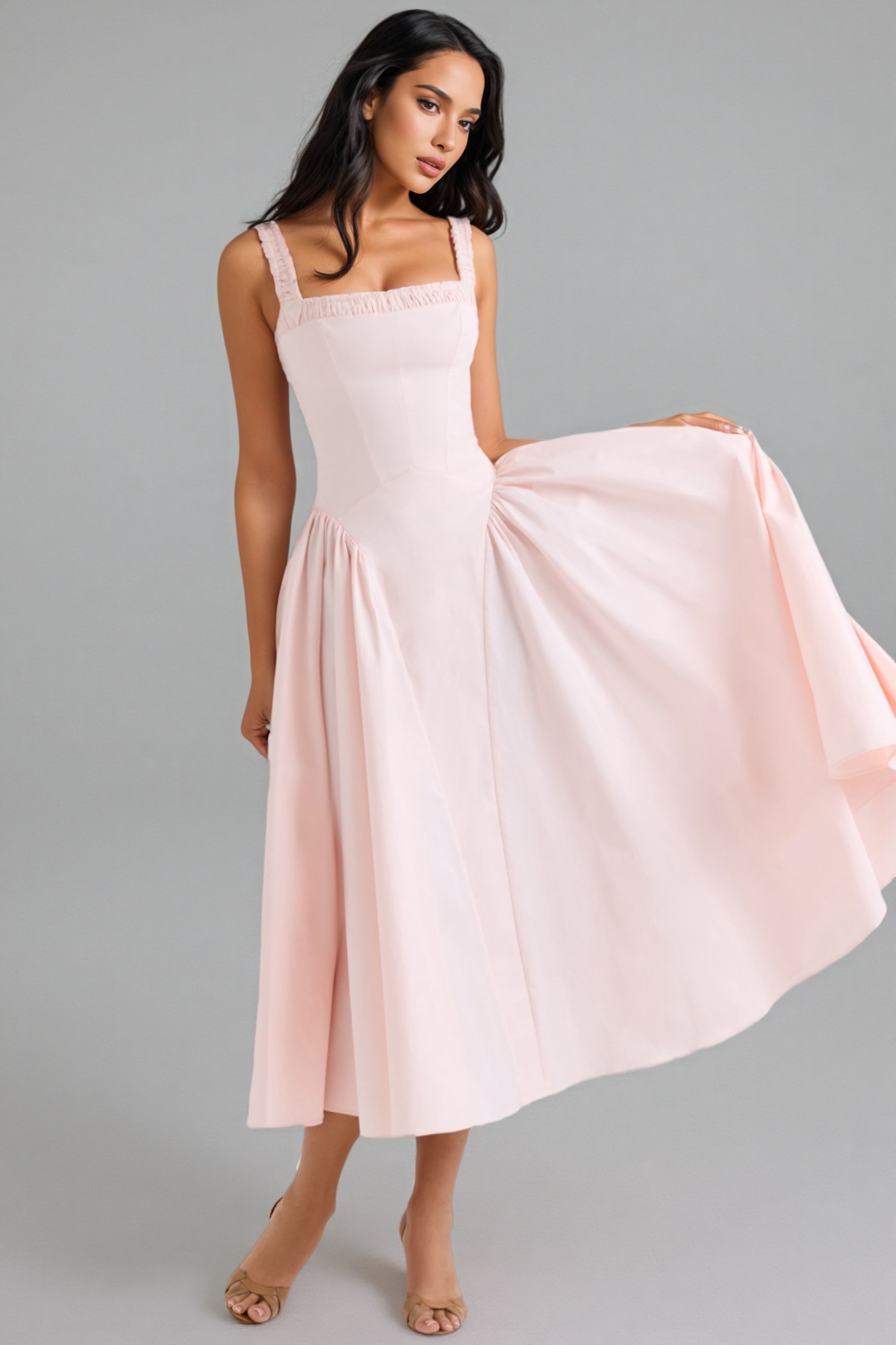 Thora Rose Pink Stretch Cotton Midi Dress