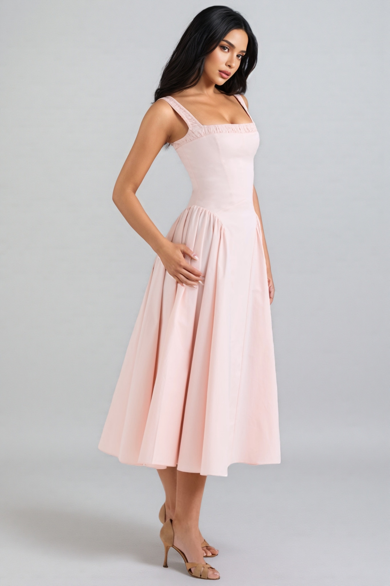 Thora Rose Pink Stretch Cotton Midi Dress