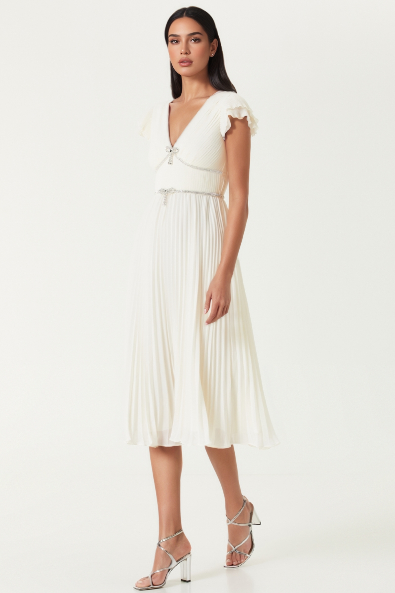 Cynth Bow Pleated Midi Dress