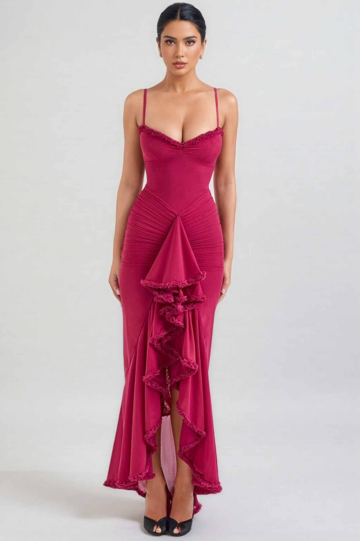 Jinx Wine Ruffled Front Maxi Dress