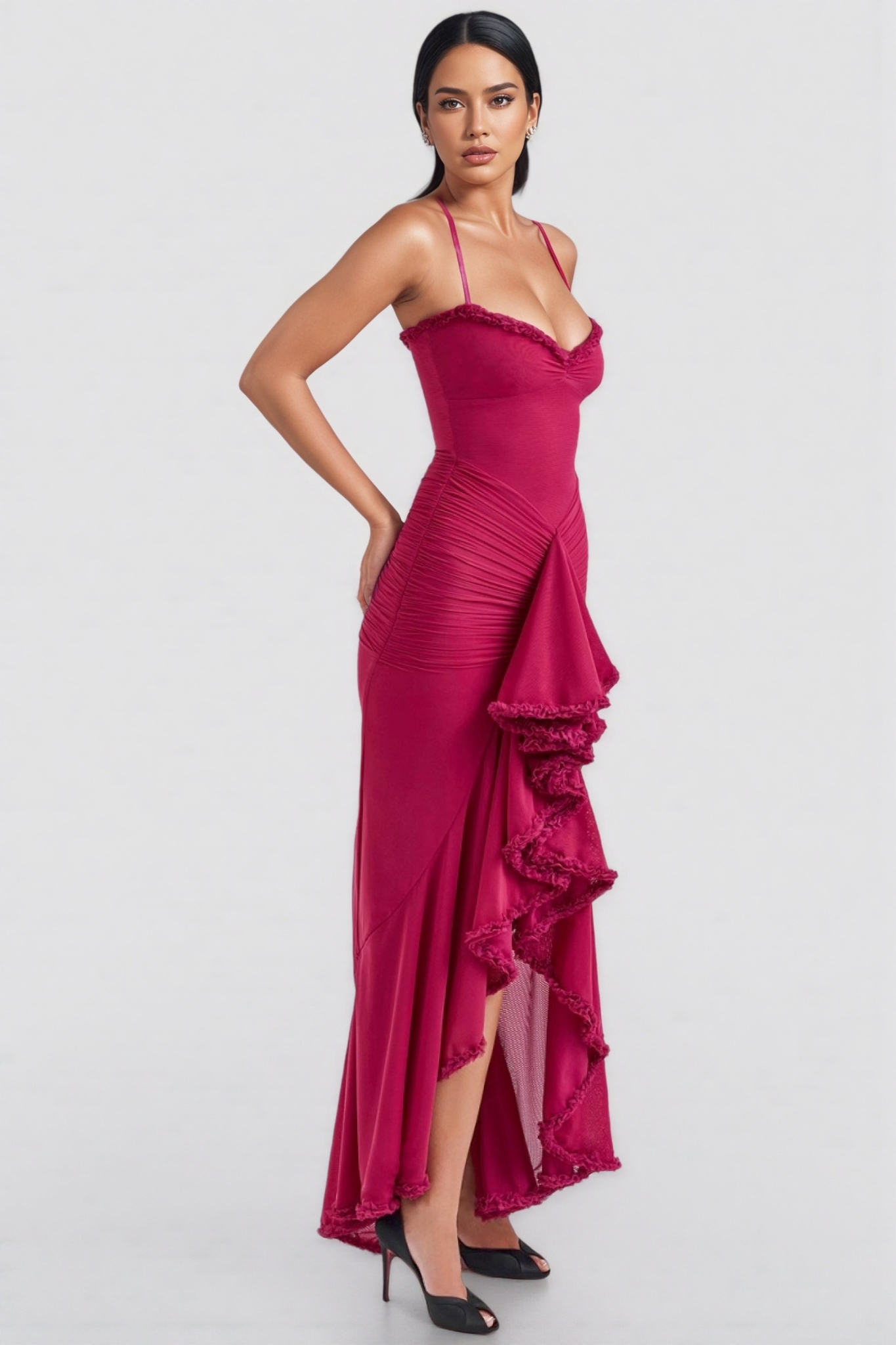 Jinx Wine Ruffled Front Maxi Dress