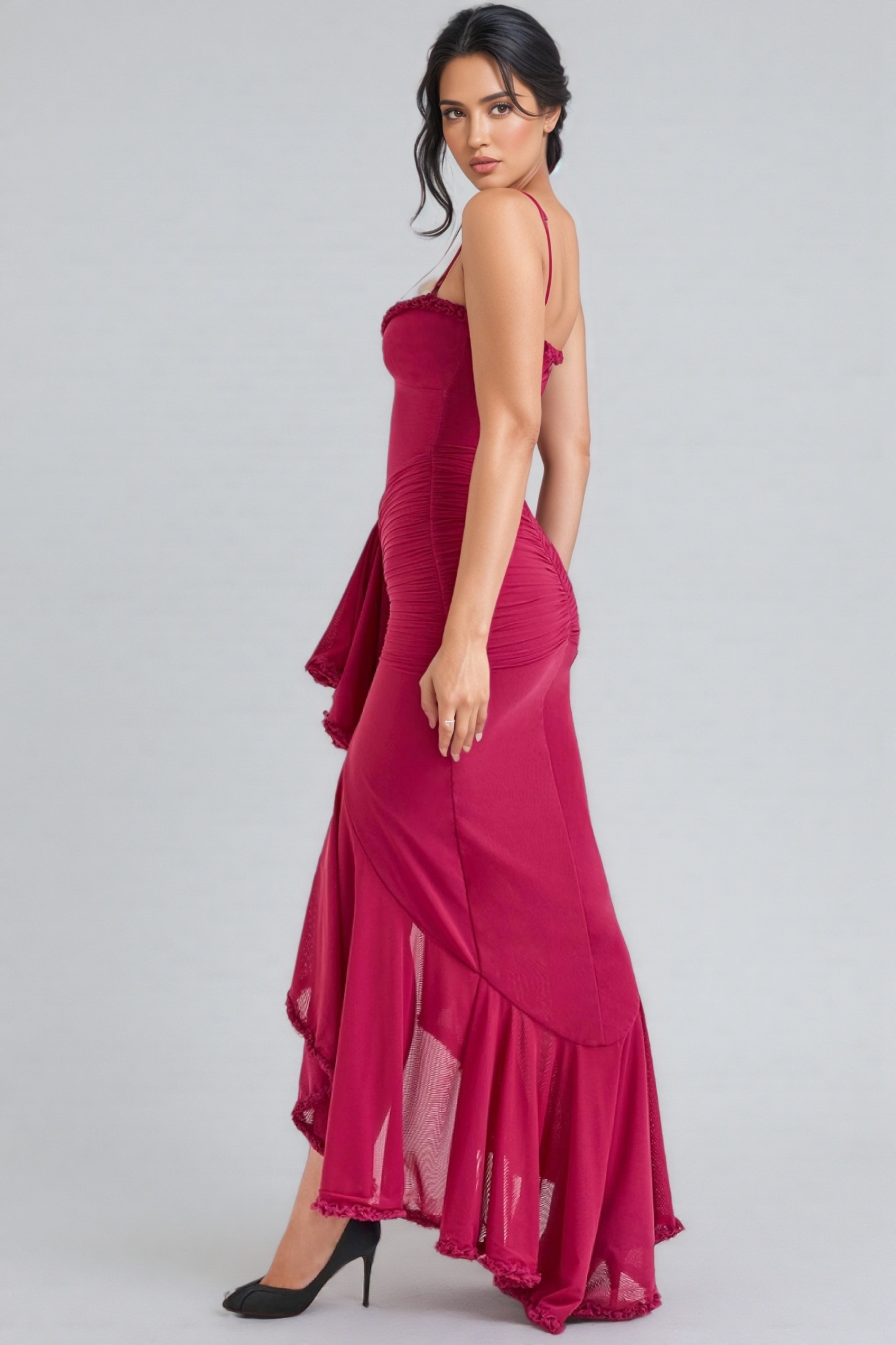 Jinx Wine Ruffled Front Maxi Dress