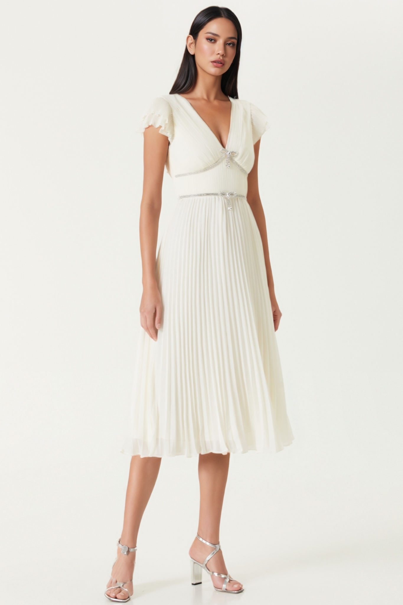Cynth Bow Pleated Midi Dress