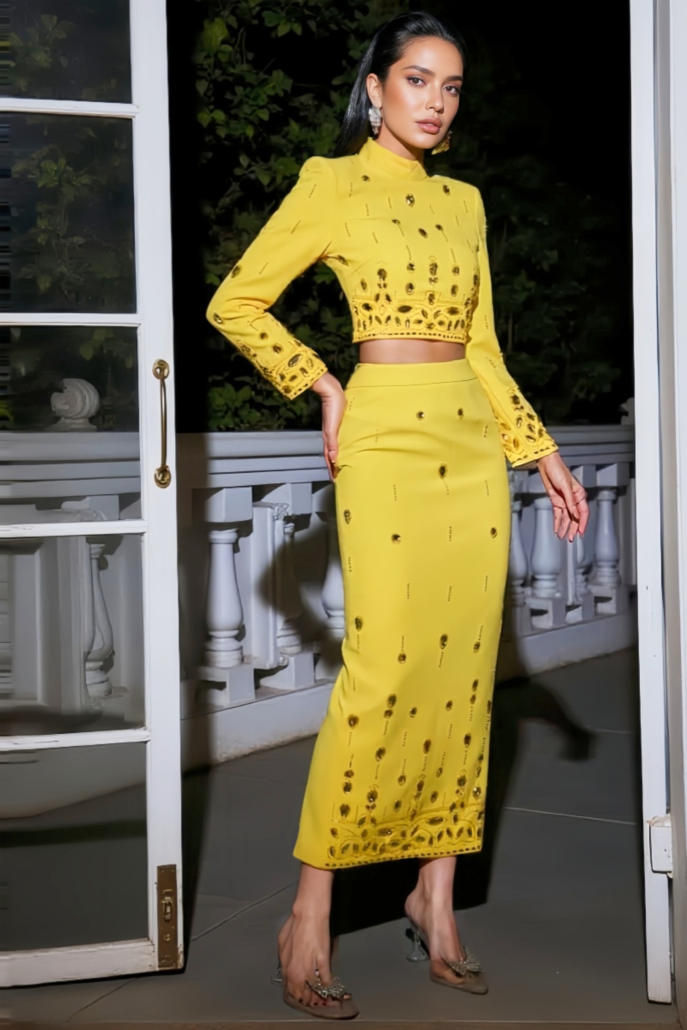 Yenia Beaded Short Top Maxi Dress Two-Piece Set