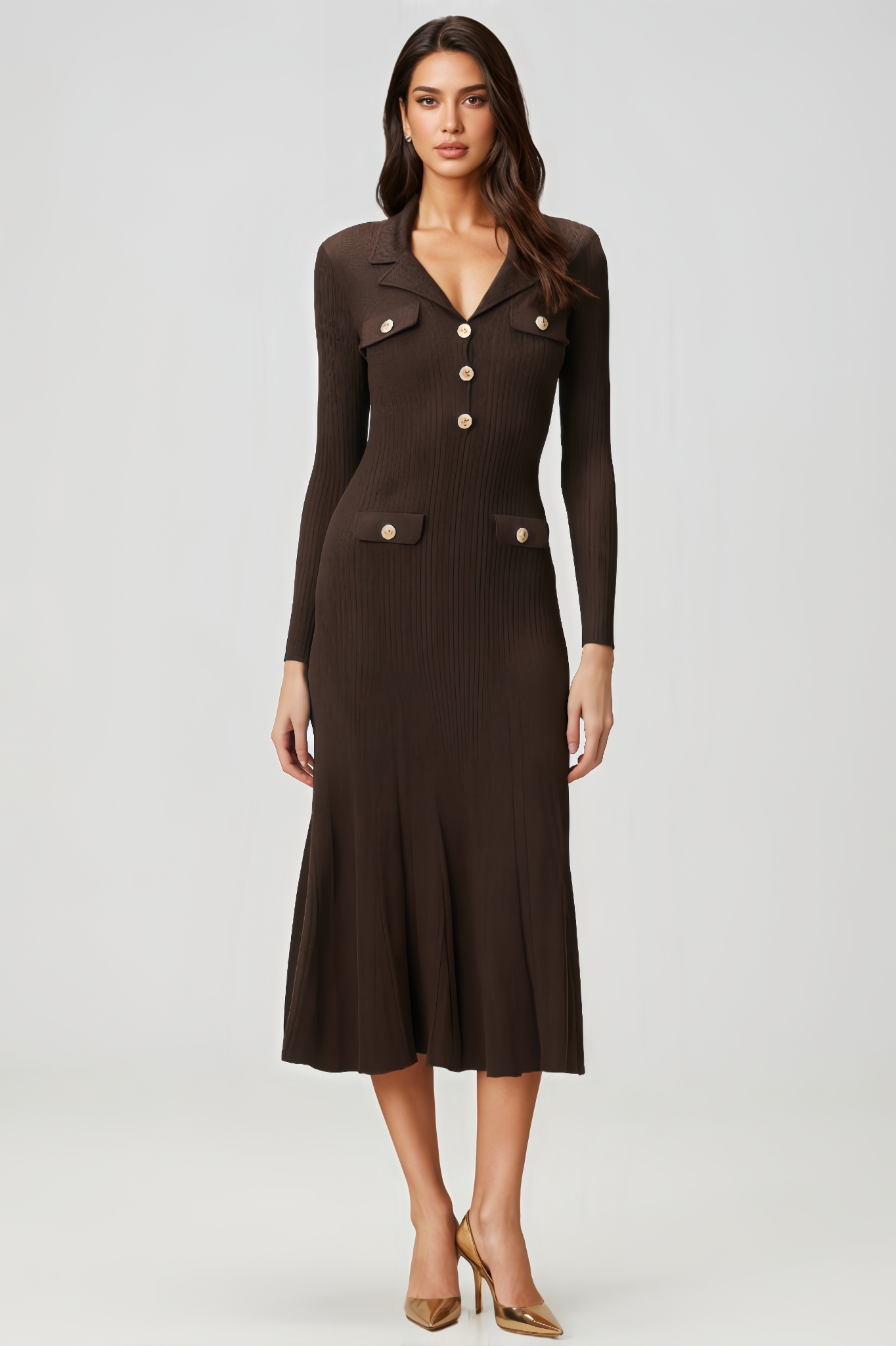 Miley Brown Rib Cocktail Midi Dress