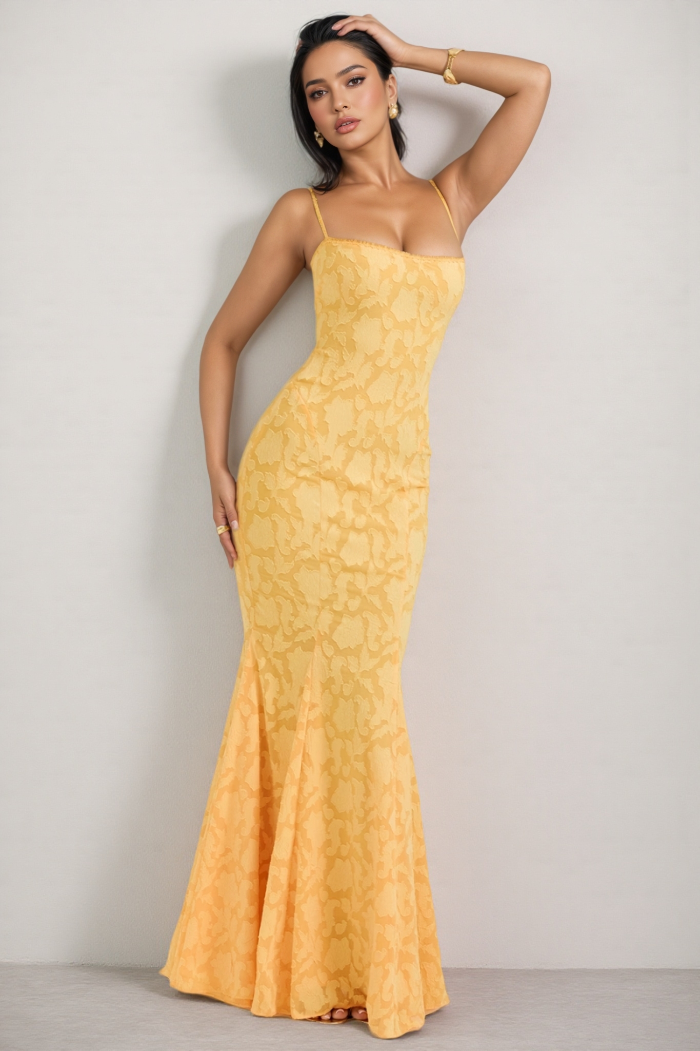 Xyvan Yellow Lace Up Back Maxi Dress