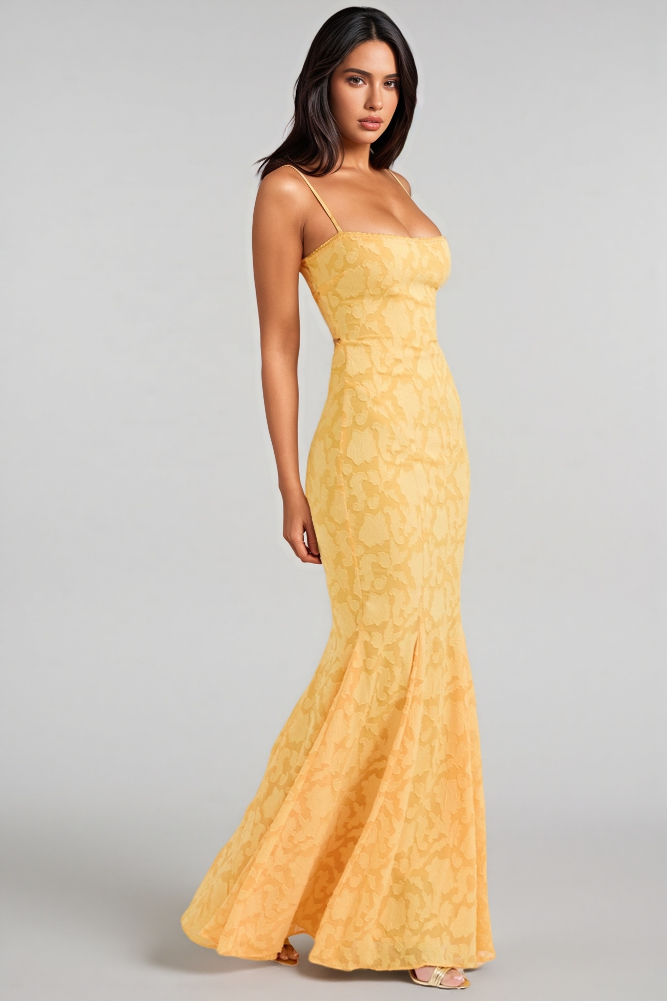 Xyvan Yellow Lace Up Back Maxi Dress