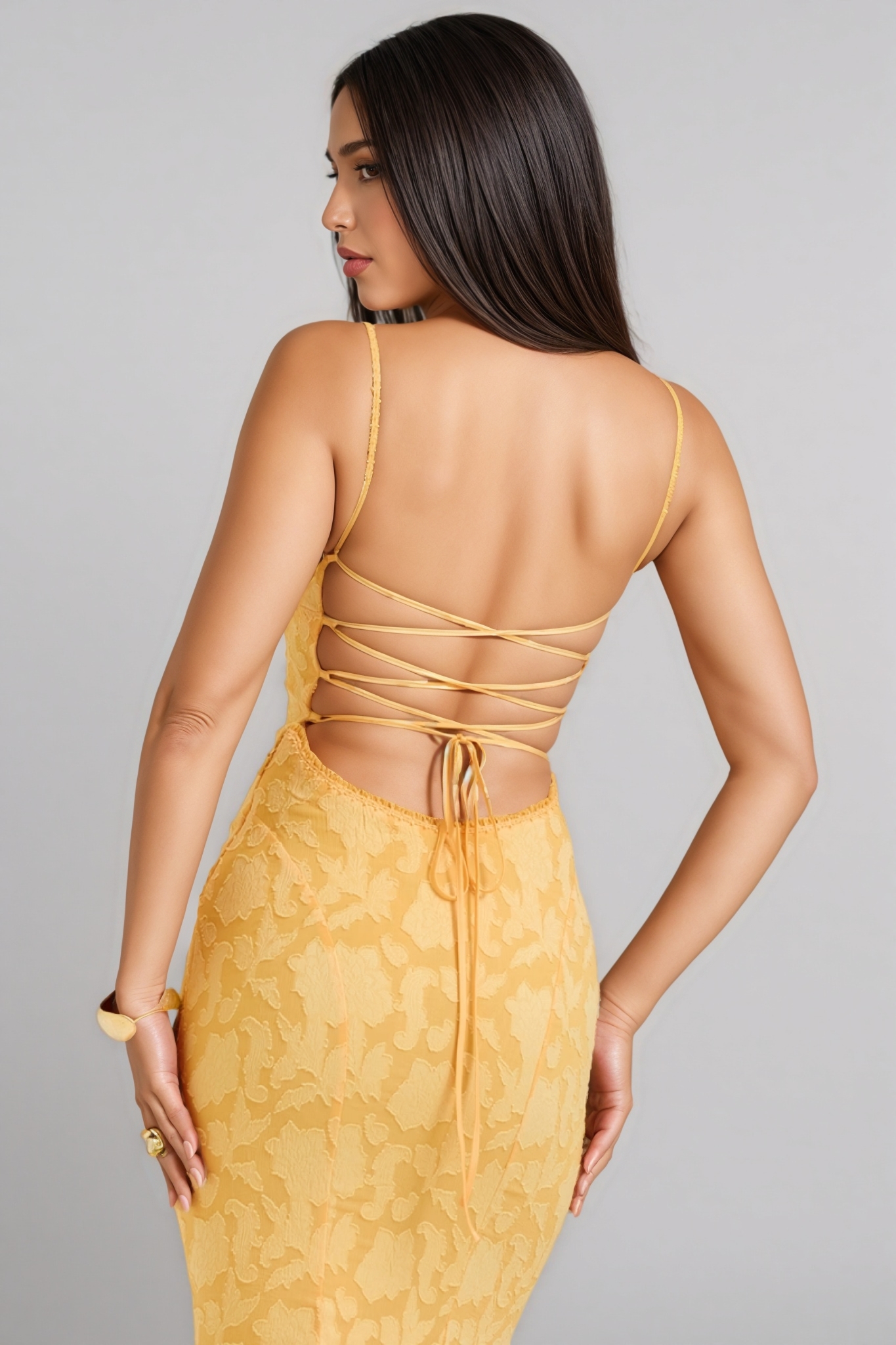 Xyvan Yellow Lace Up Back Maxi Dress