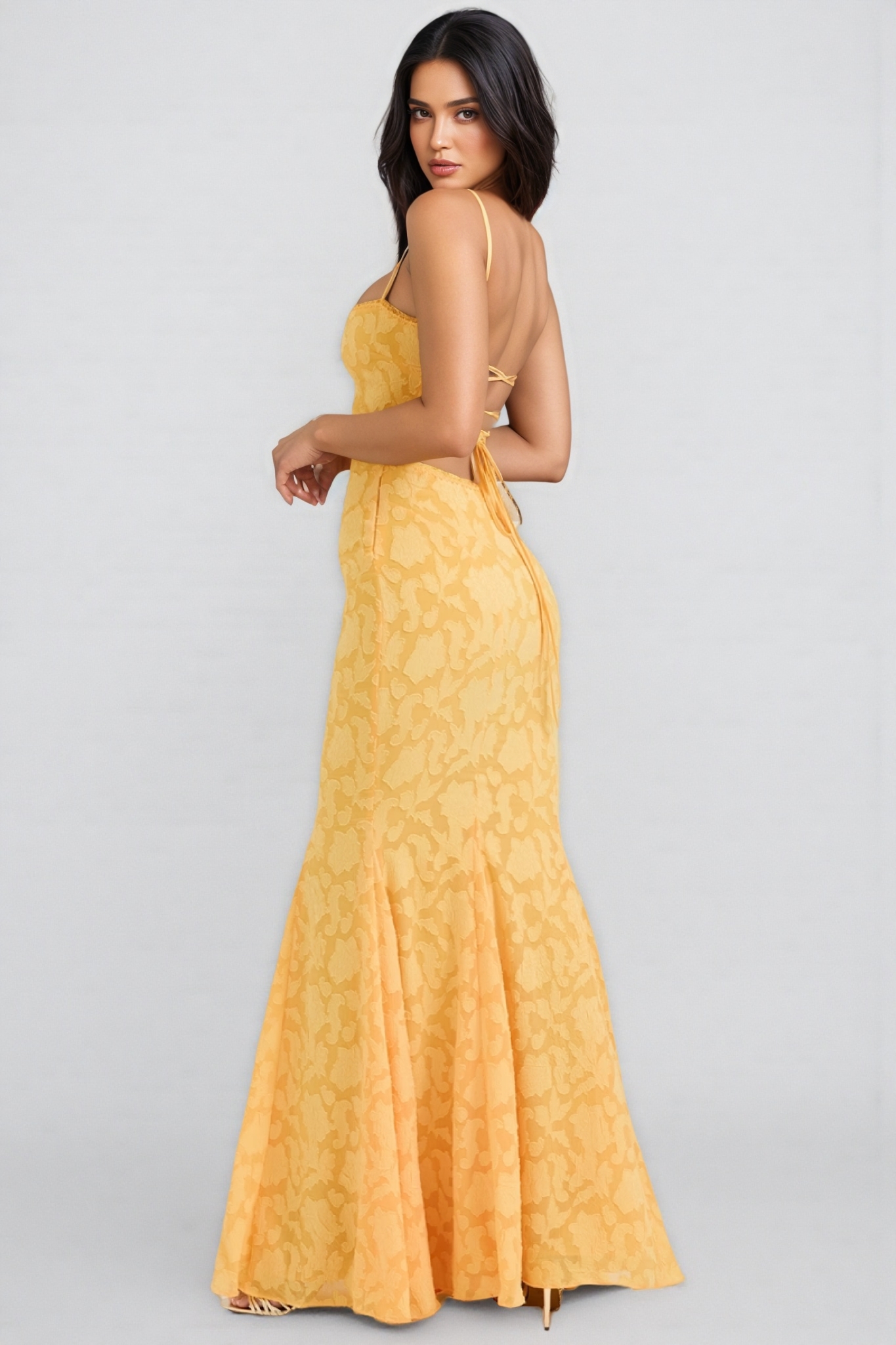 Xyvan Yellow Lace Up Back Maxi Dress