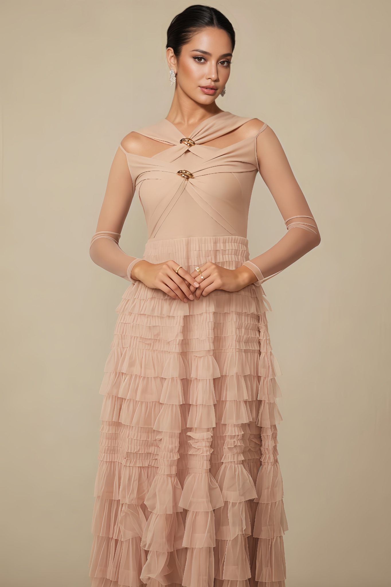 Nysst Apricot Layered Ruffle Maxi Dress