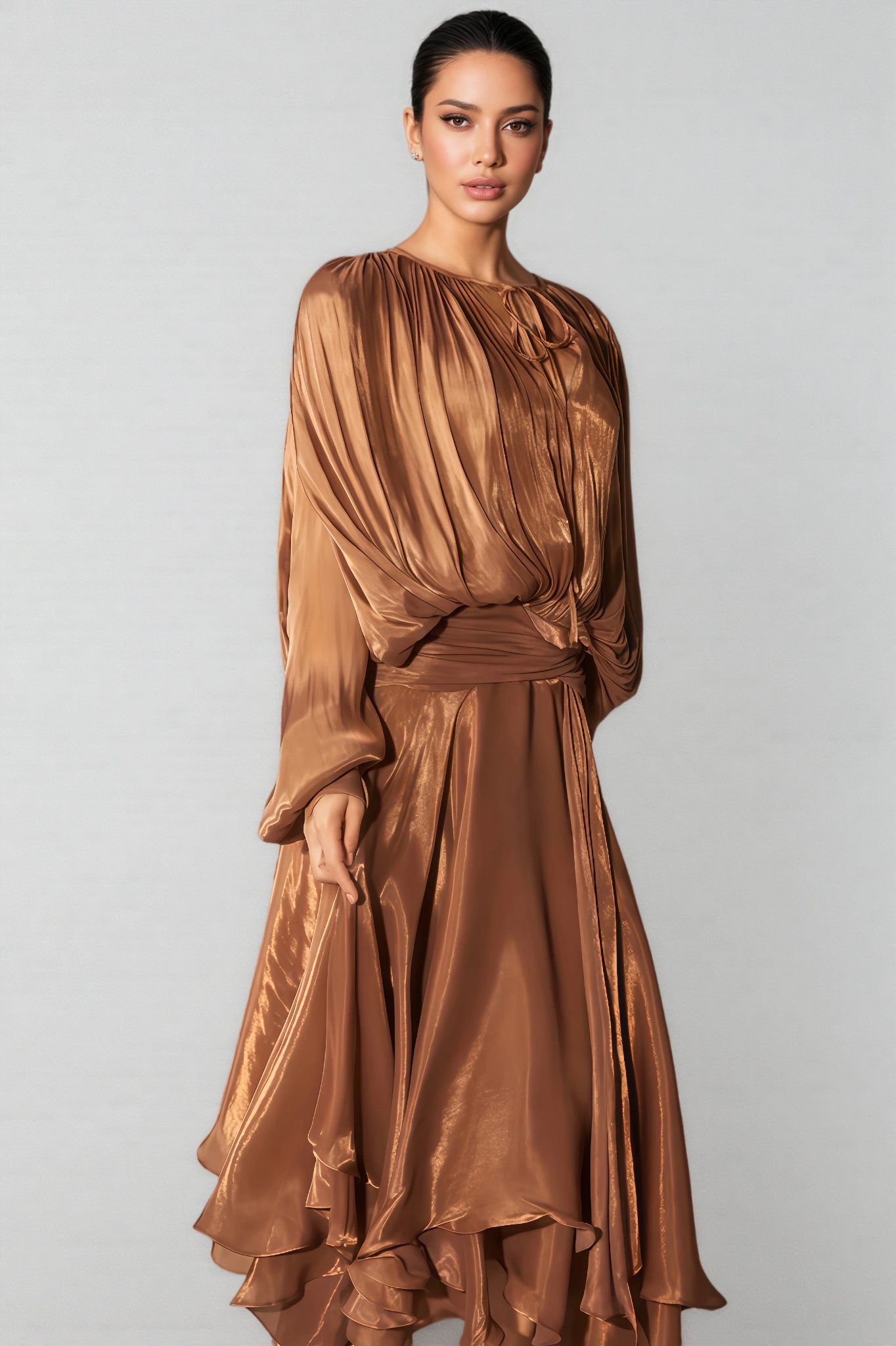 Ela Long-Sleeved Ruffled Hem Midi Dress