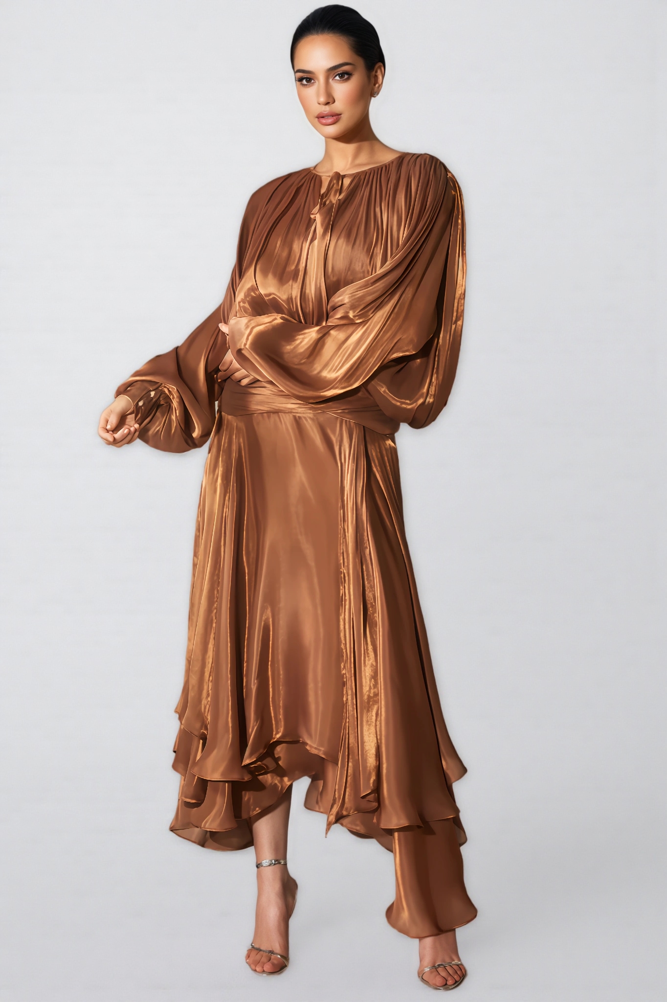 Ela Long-Sleeved Ruffled Hem Midi Dress