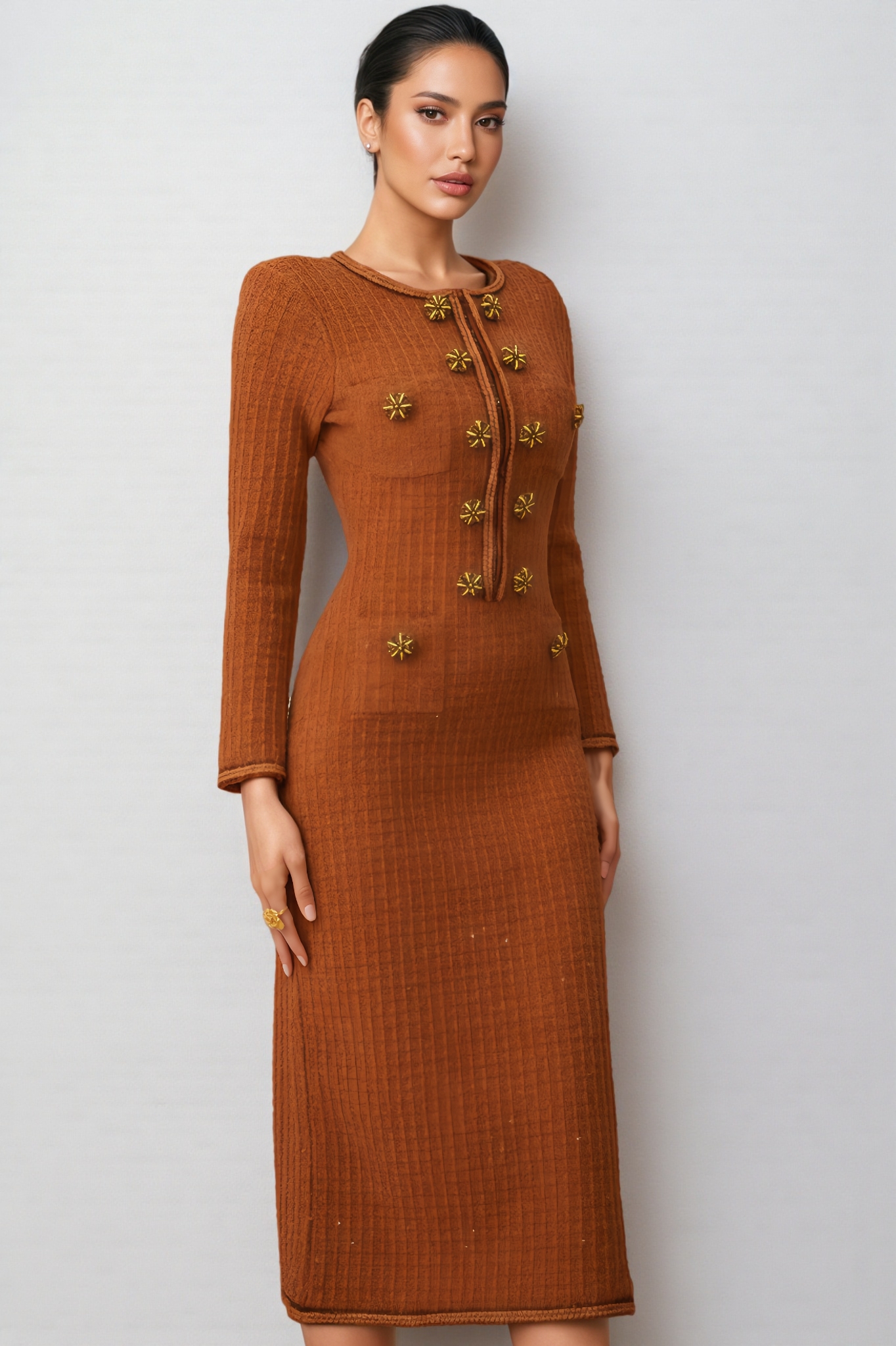 Tereza Crystal Button Tweed Midi Dress
