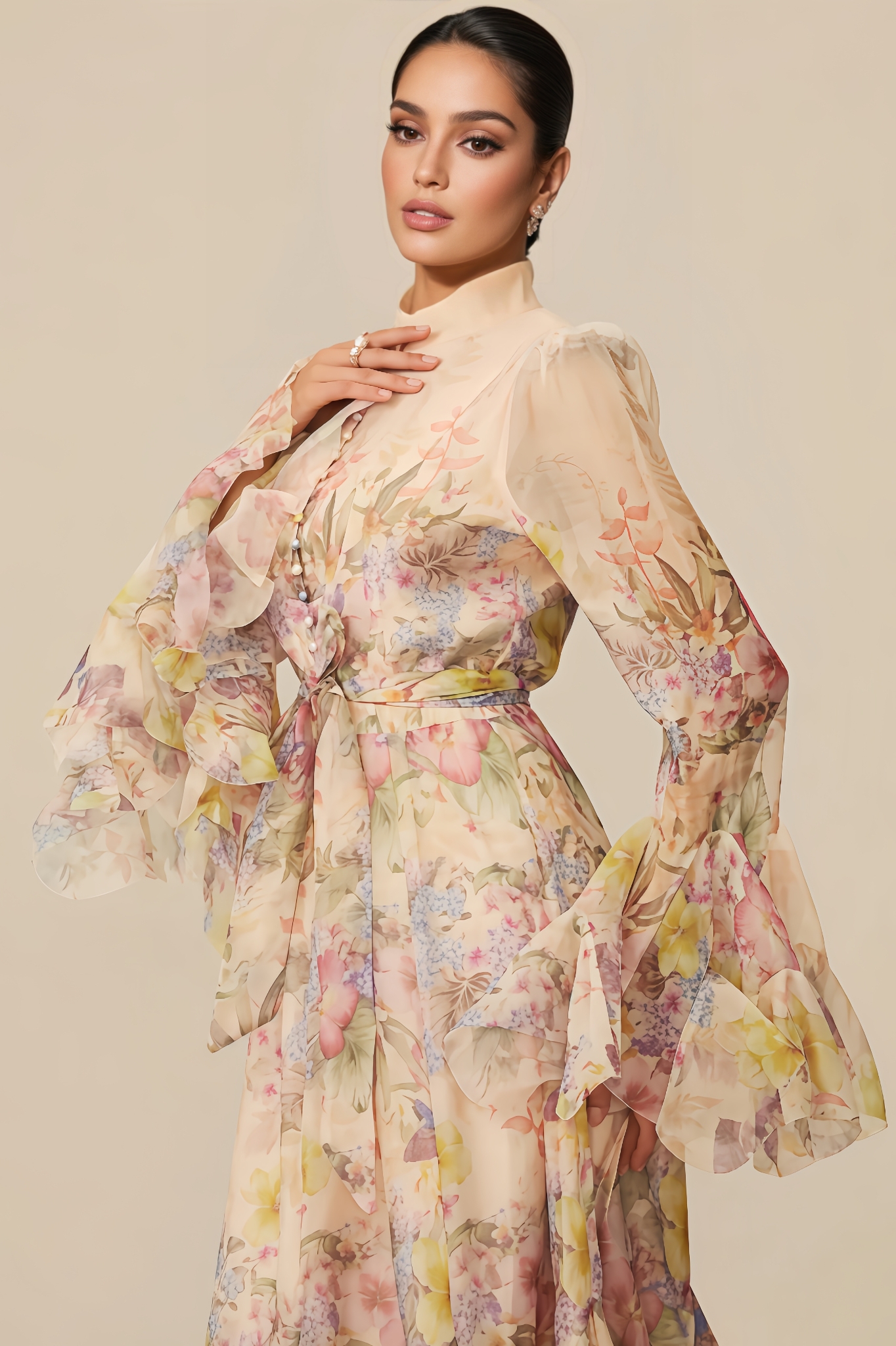 Inina Floral Print Ruffle Cuff Maxi Dress