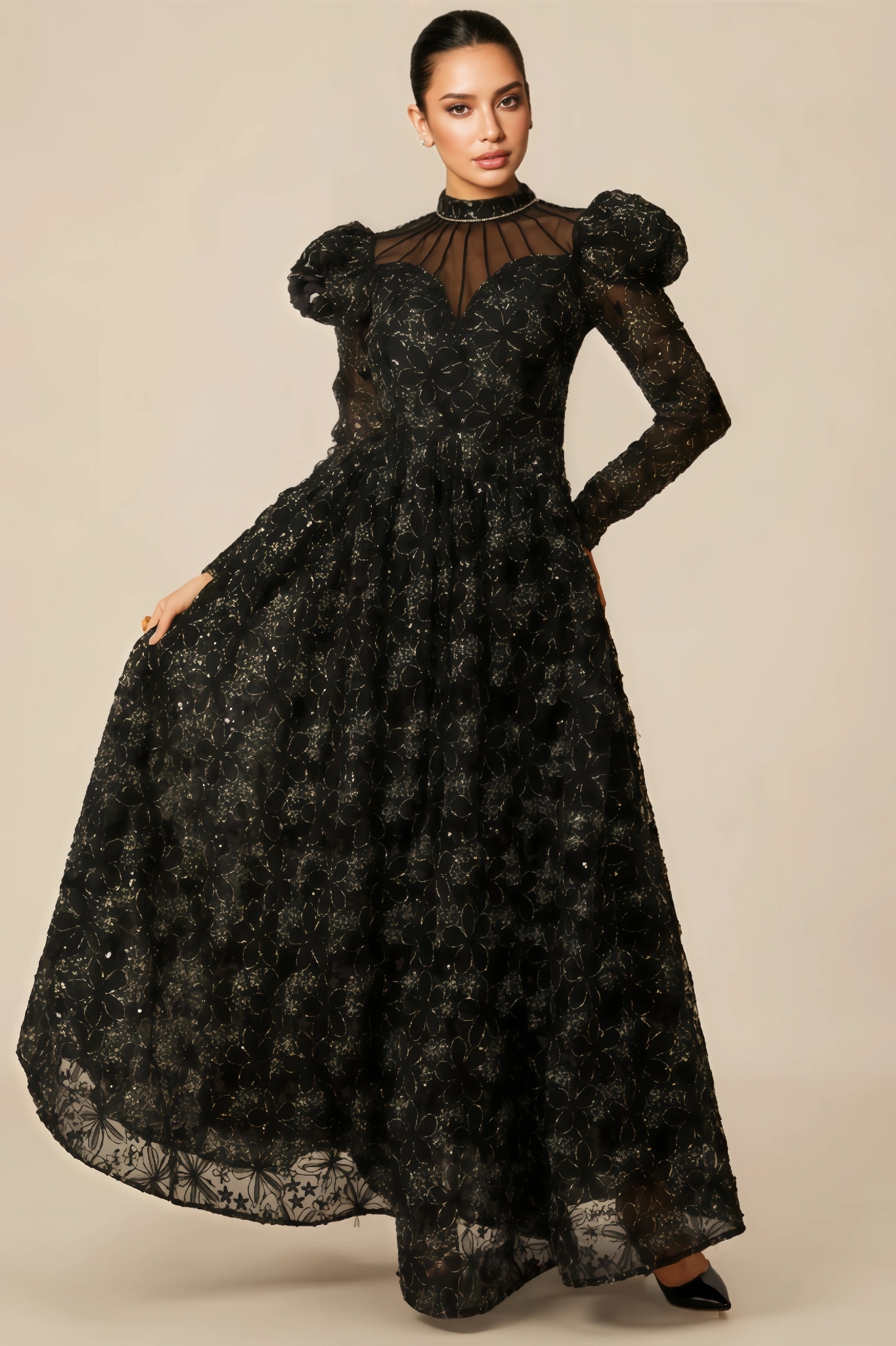 Riza Lace Floral Embroidered Puff-Sleeve Maxi Dress