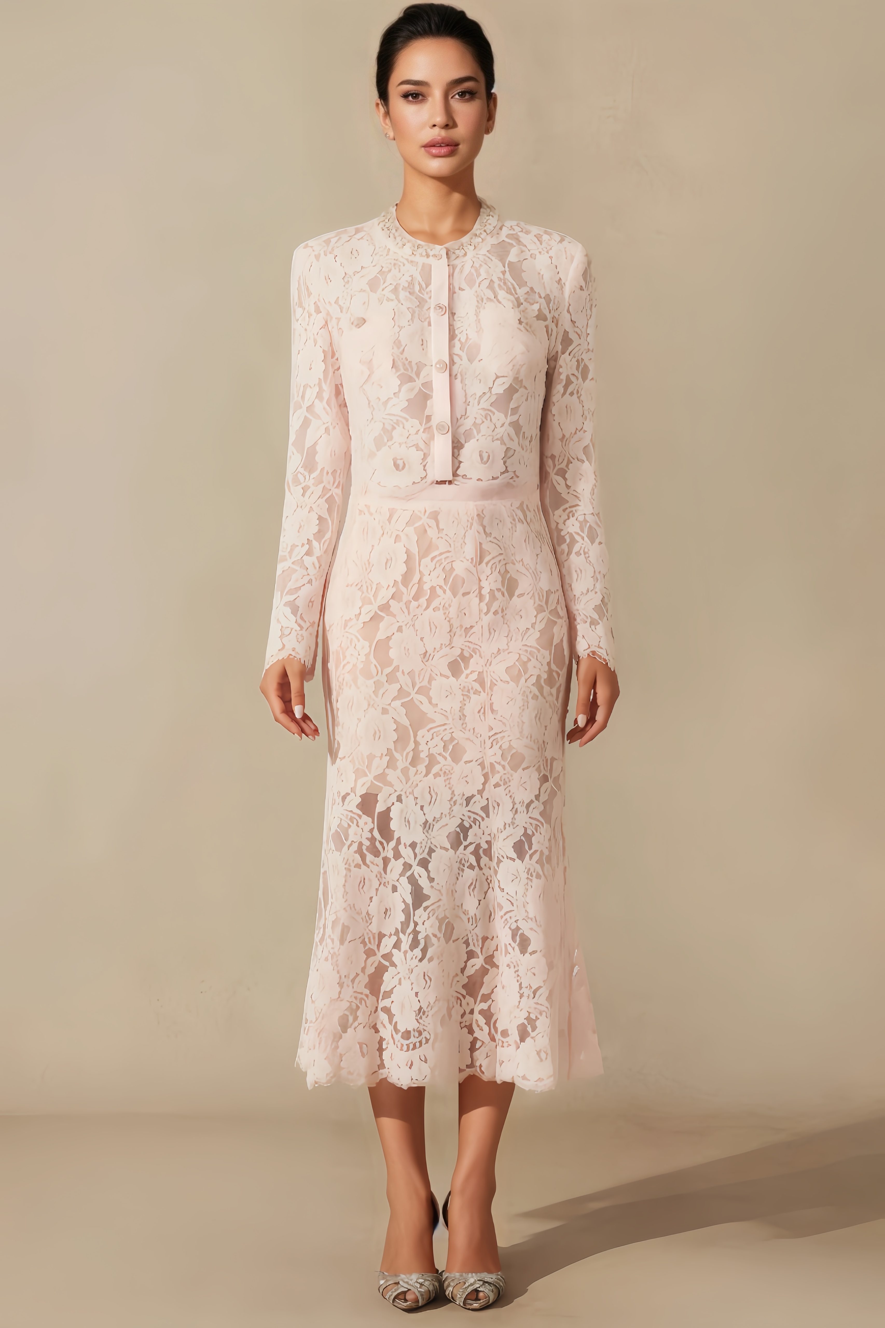 Azurt Floral Lace Long-Sleeved Midi Dress