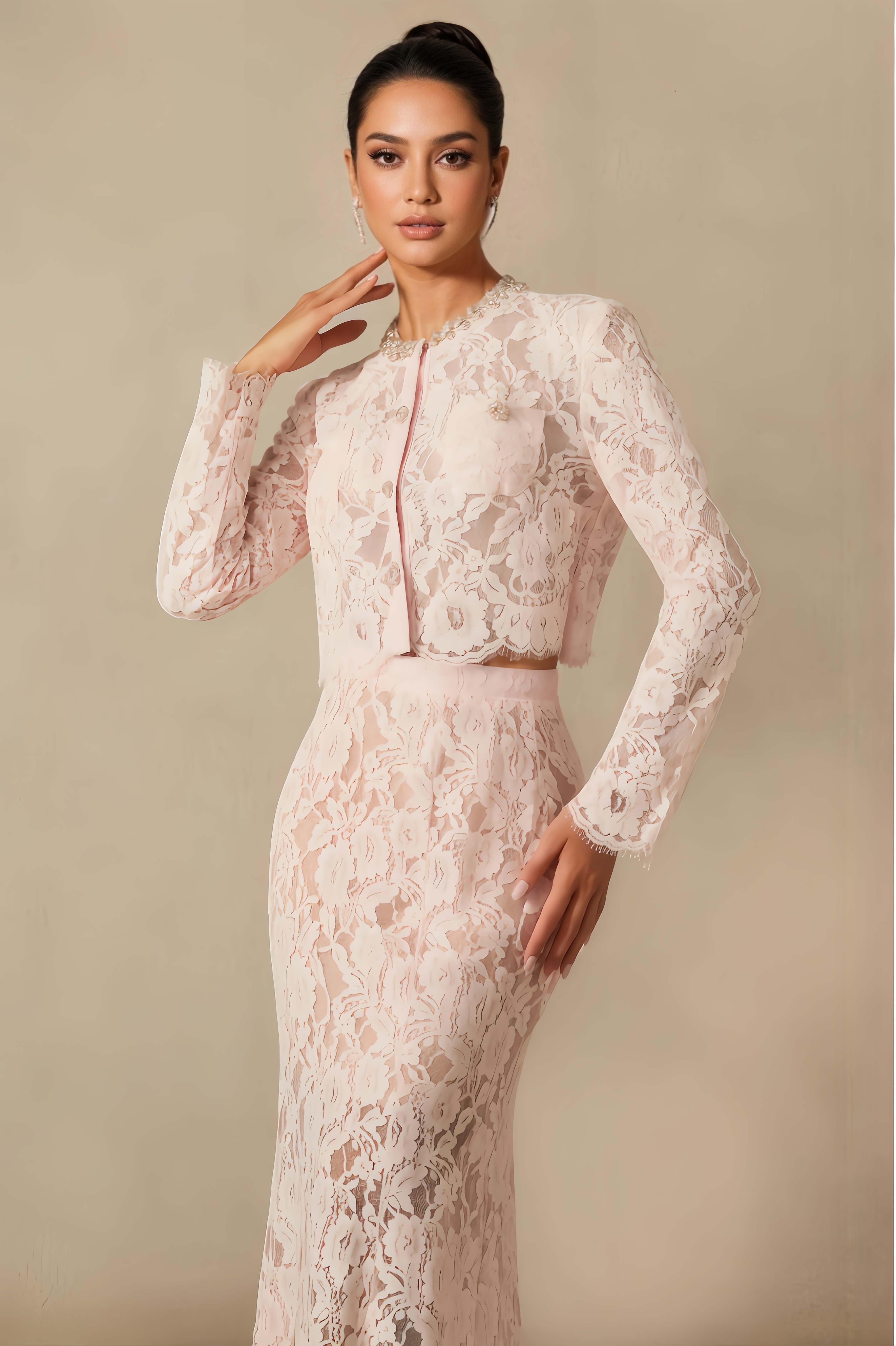 Azurt Floral Lace Long-Sleeved Midi Dress
