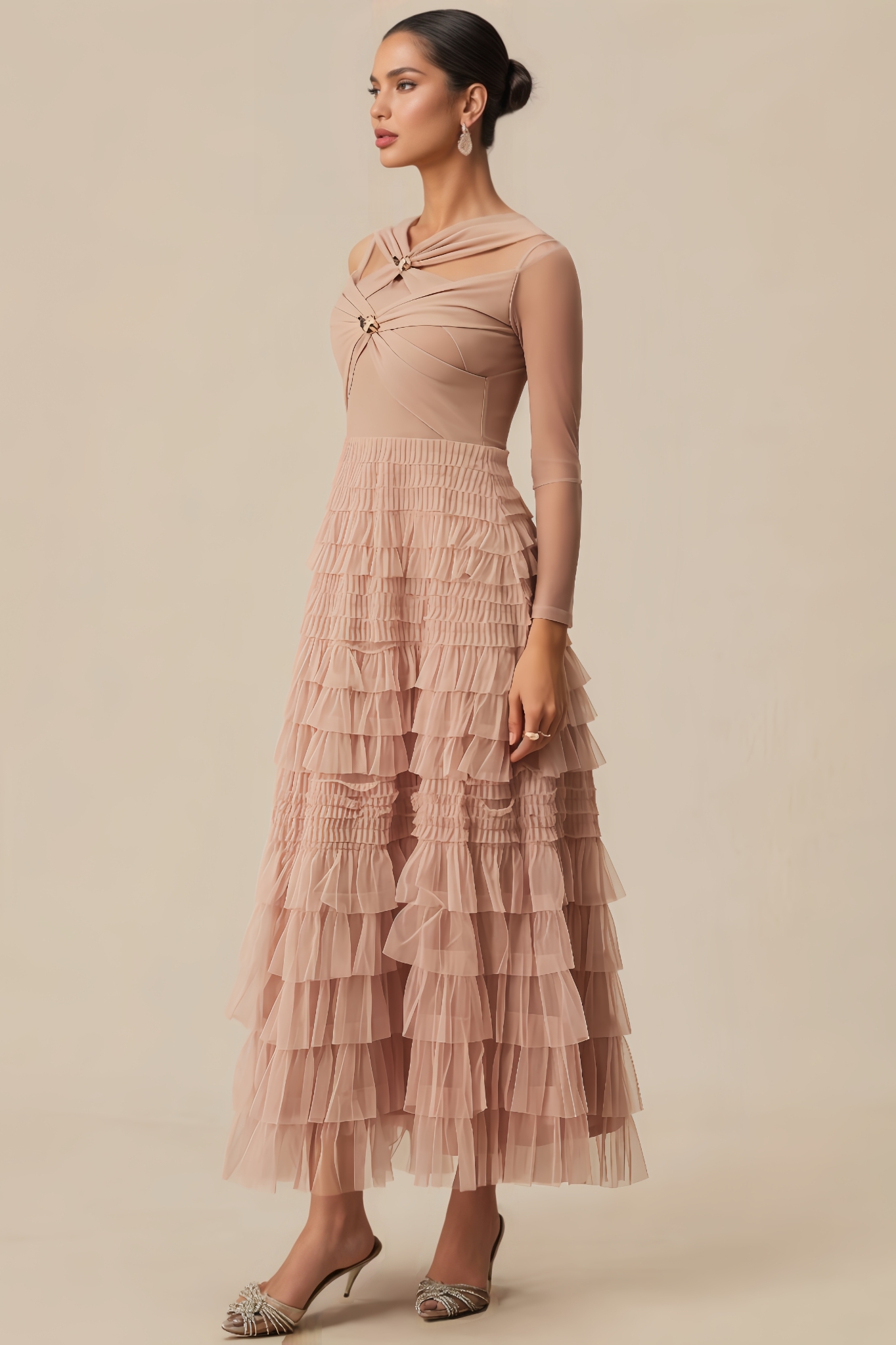 Nysst Apricot Layered Ruffle Maxi Dress