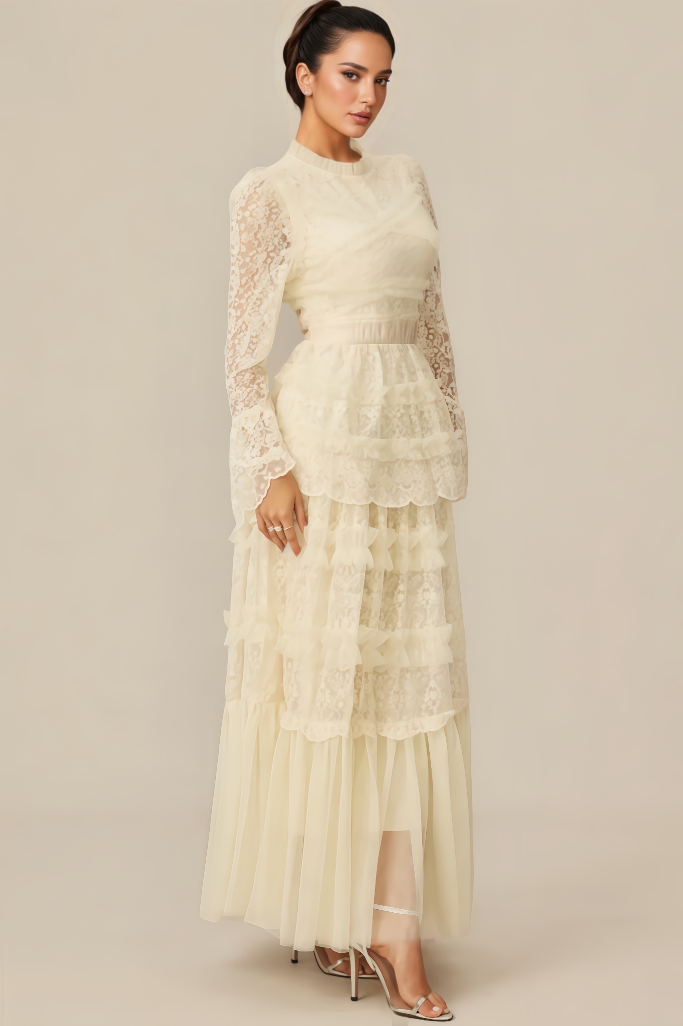 Molao White Lace Tiered Maxi Dress