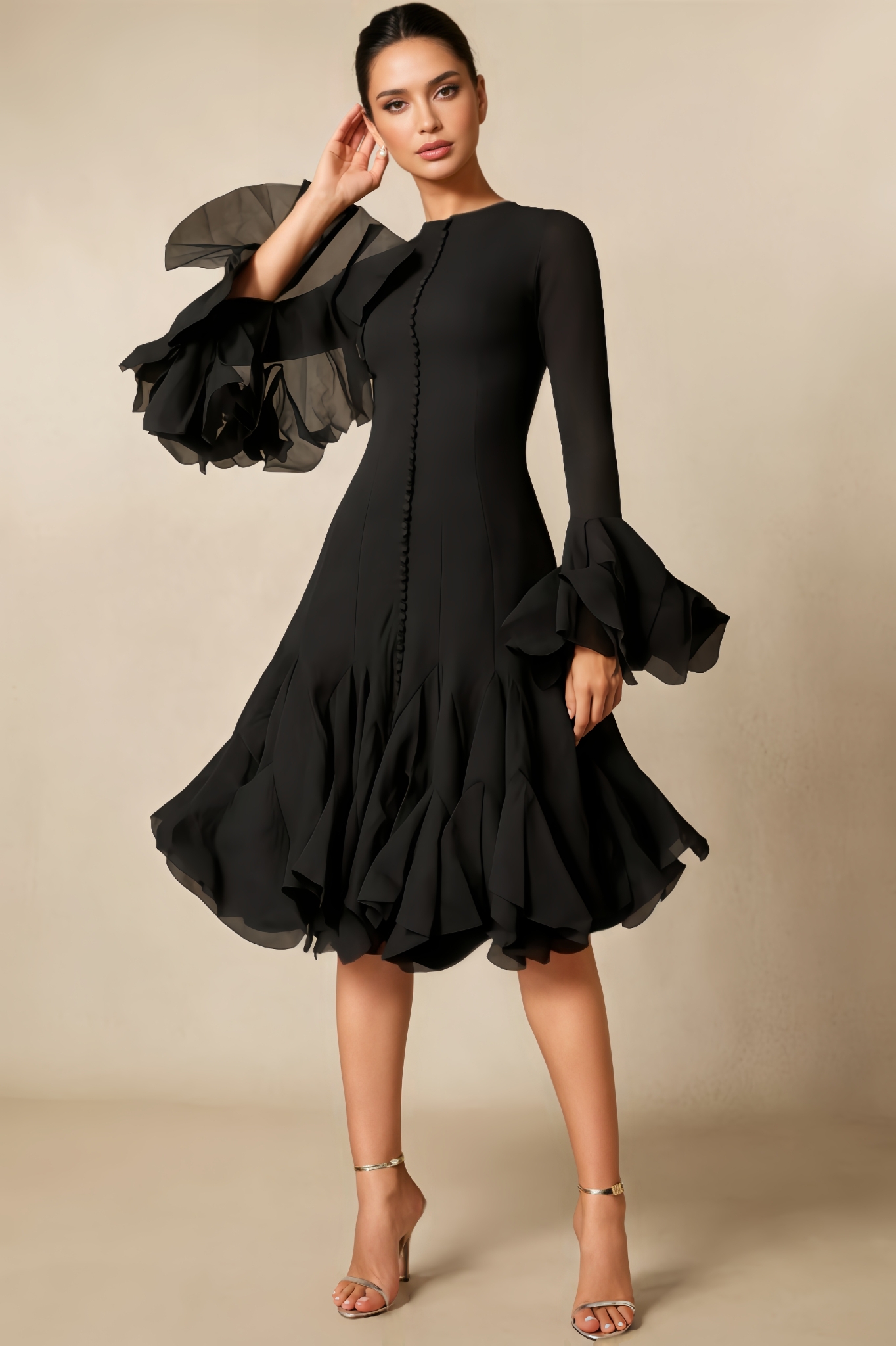 Livia Long-Sleeve Flared-Hem Midi Dress