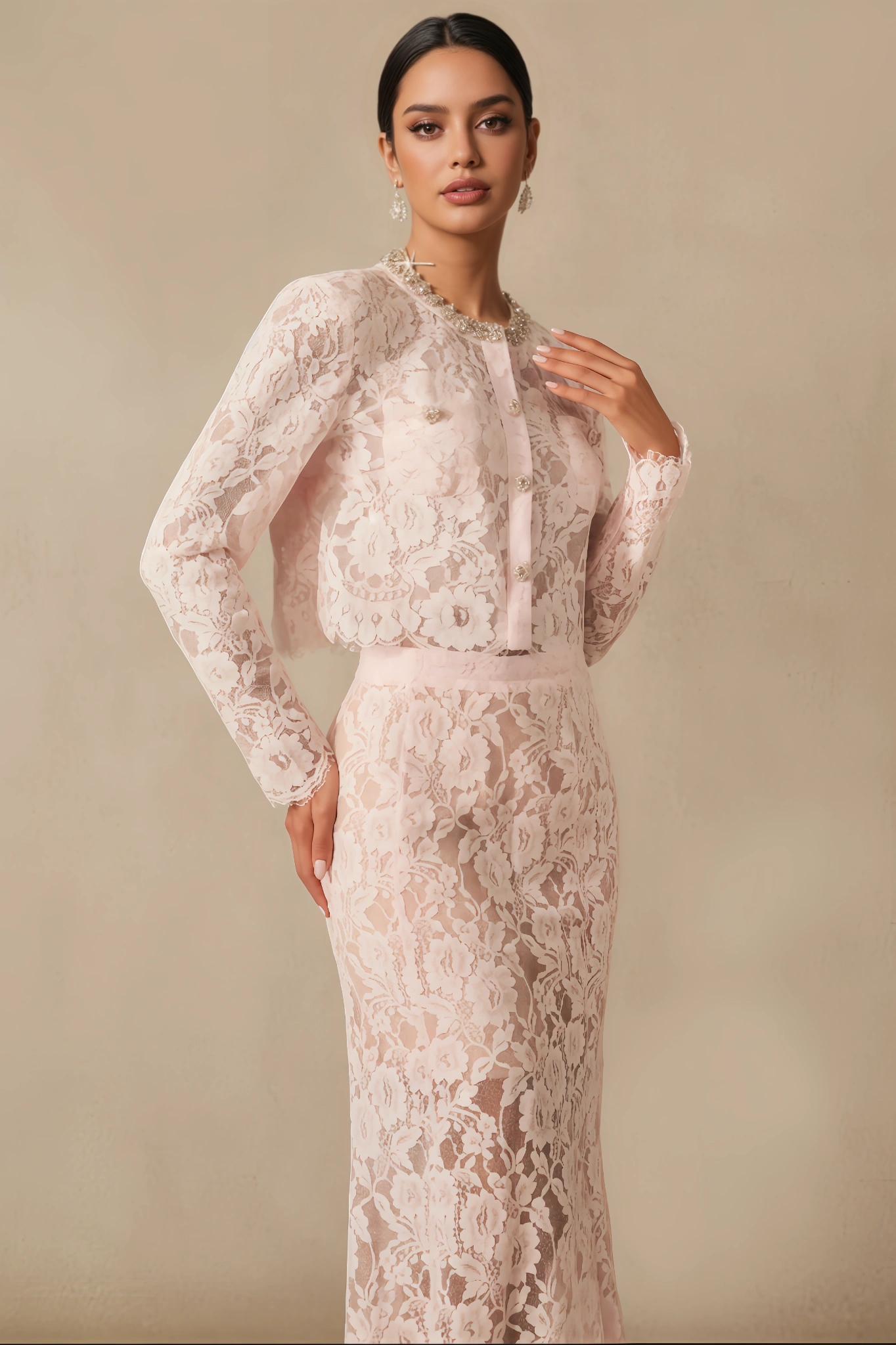 Azurt Floral Lace Long-Sleeved Midi Dress