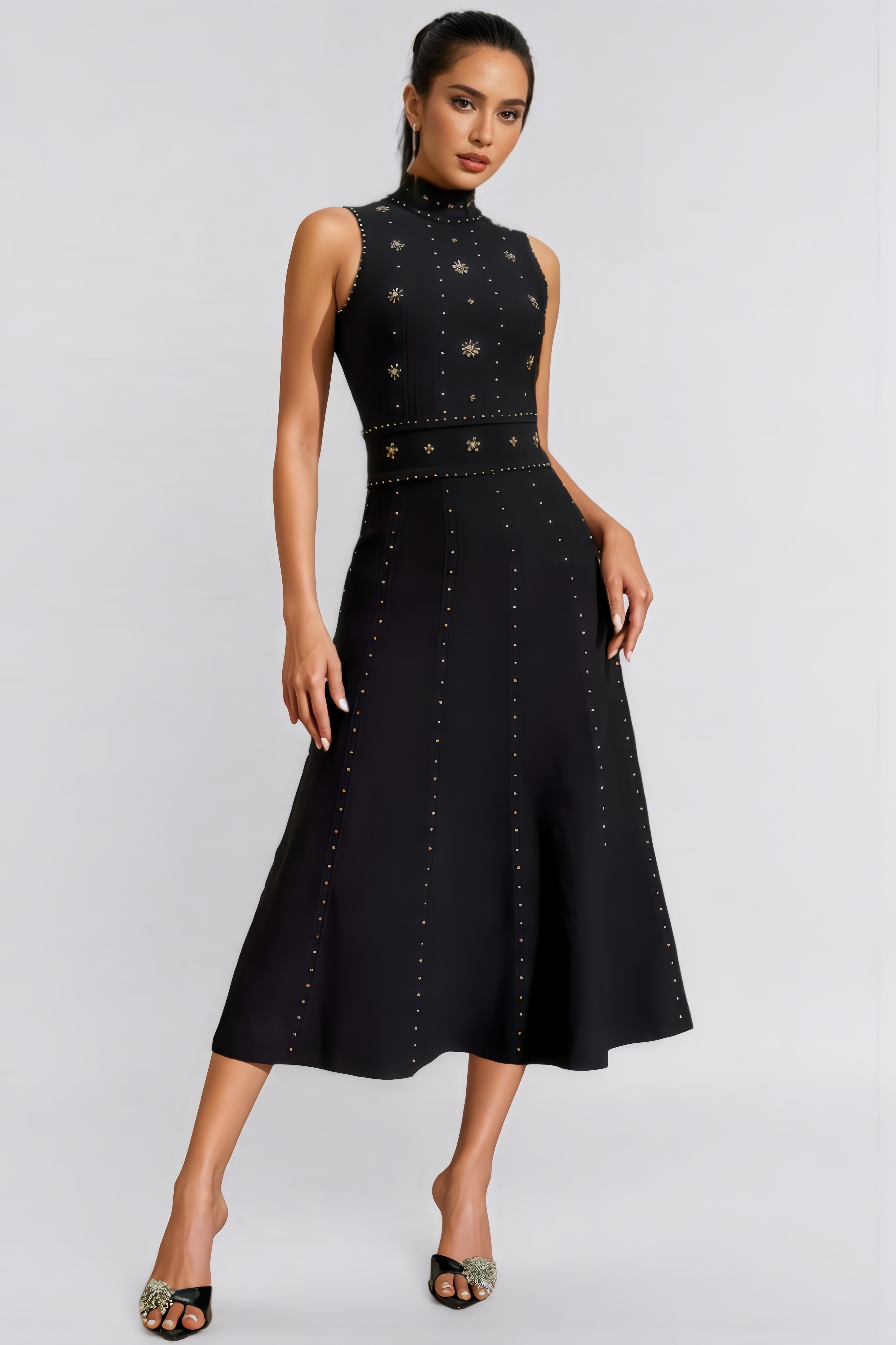 Dazel Embroidered High-Neck Midi Dress