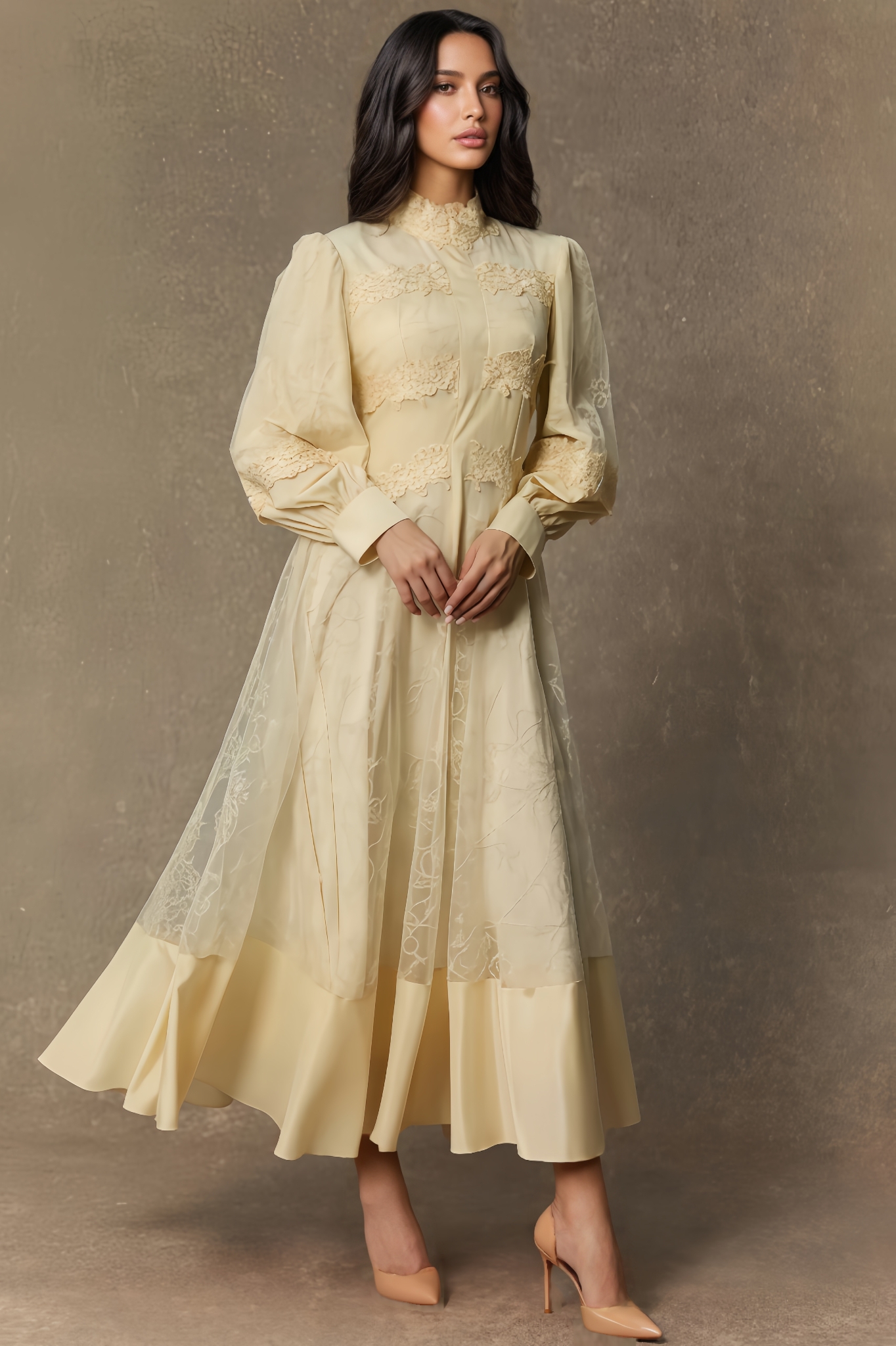 Dizzt Lace Embroidered Lantern Sleeve Maxi Dress