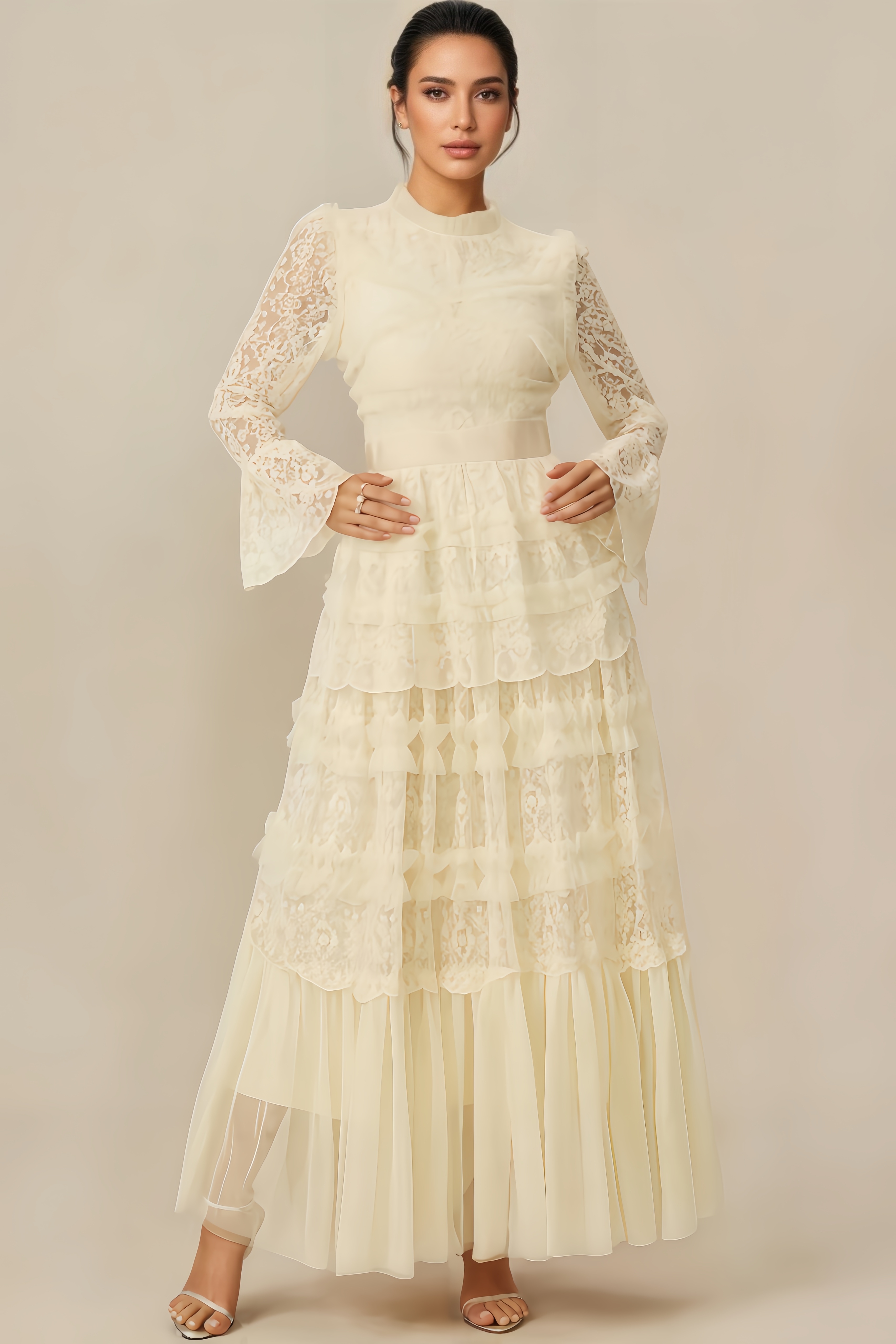 Molao White Lace Tiered Maxi Dress