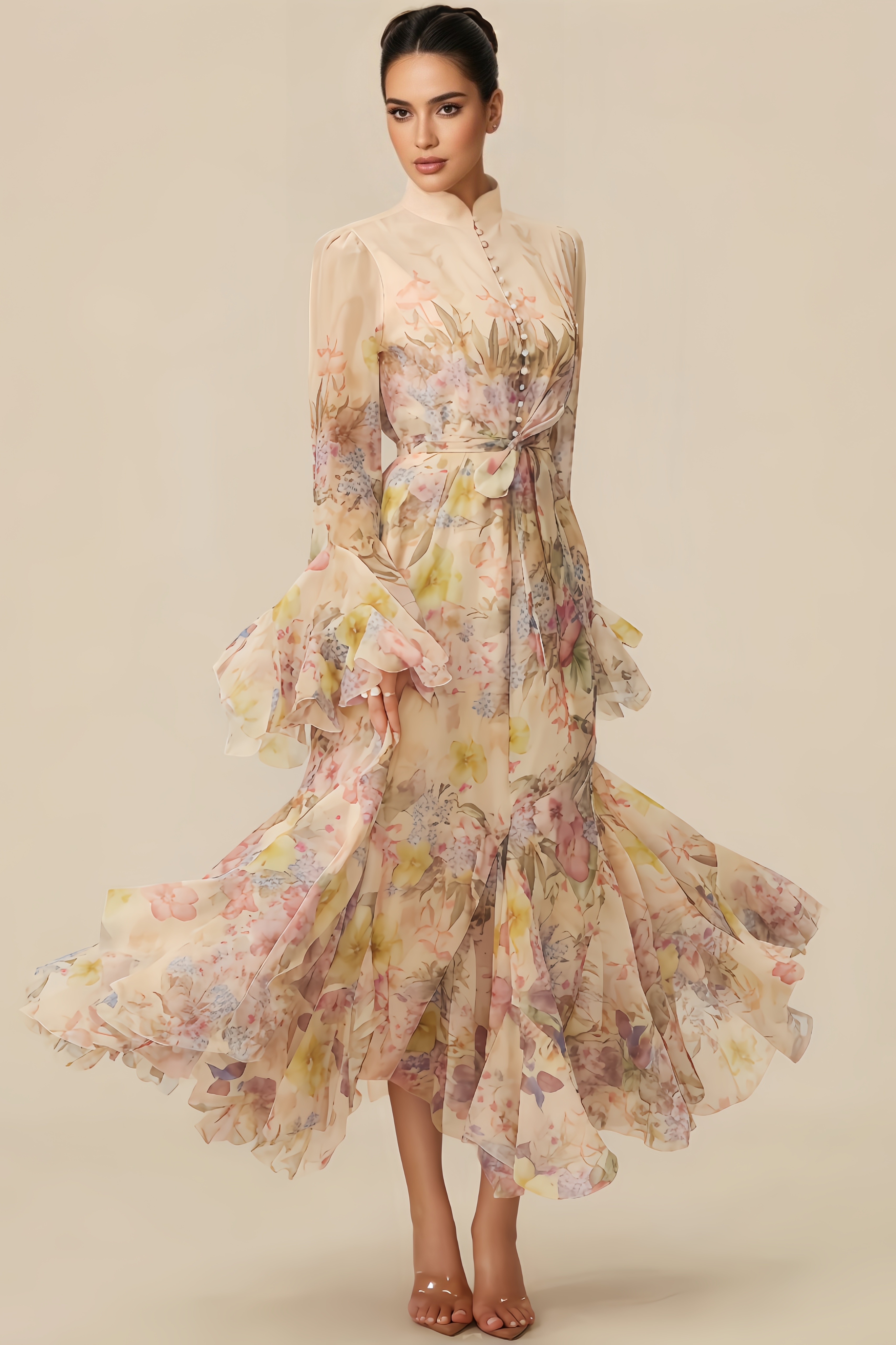 Inina Floral Print Ruffle Cuff Maxi Dress