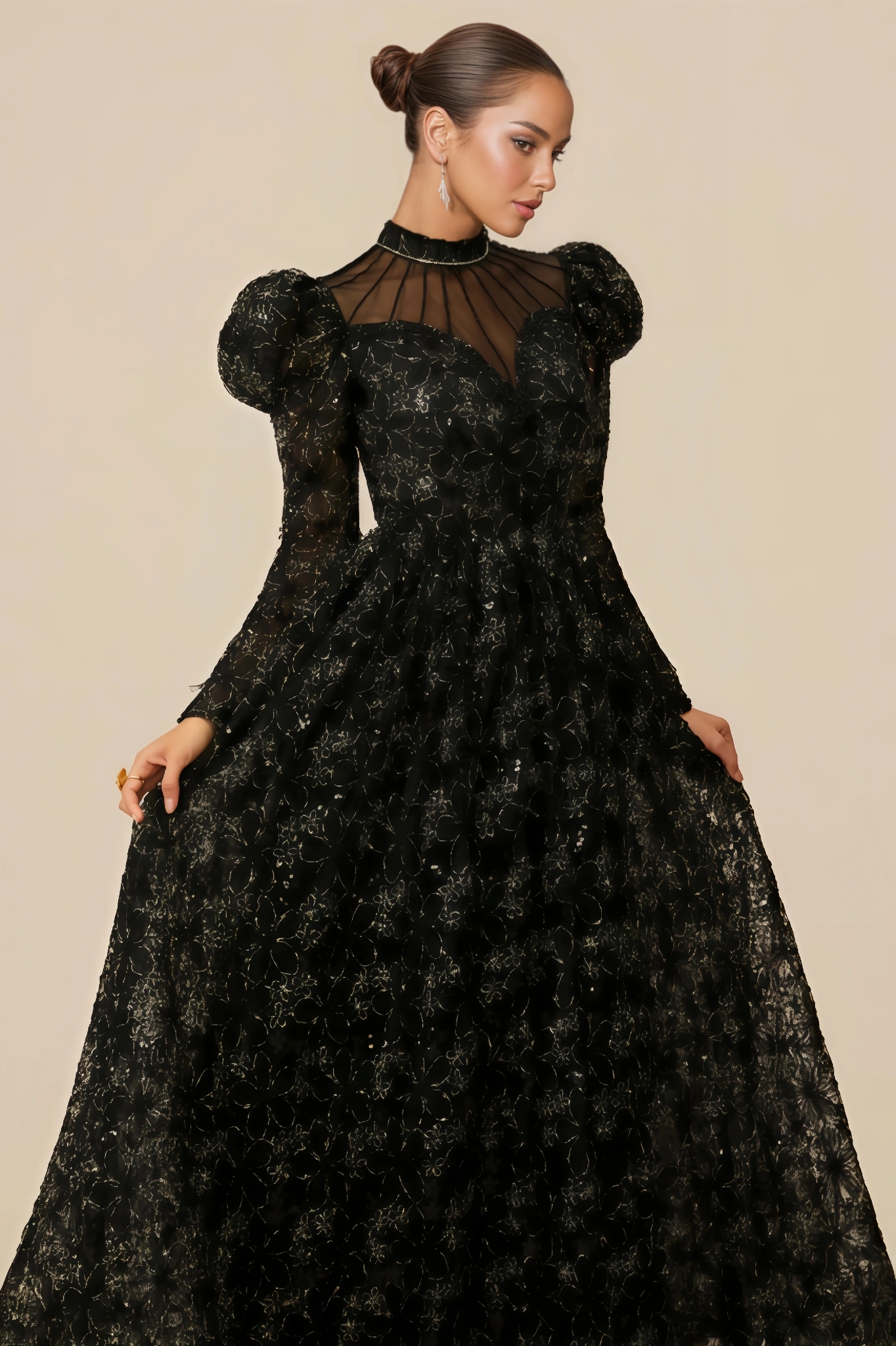 Riza Lace Floral Embroidered Puff-Sleeve Maxi Dress