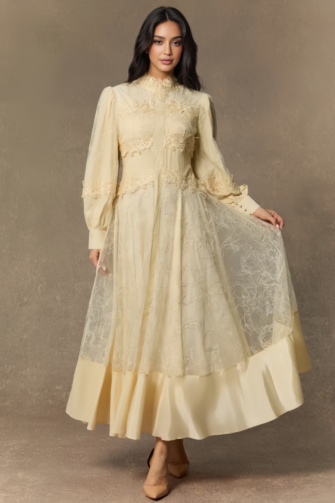 Dizzt Lace Embroidered Lantern Sleeve Maxi Dress