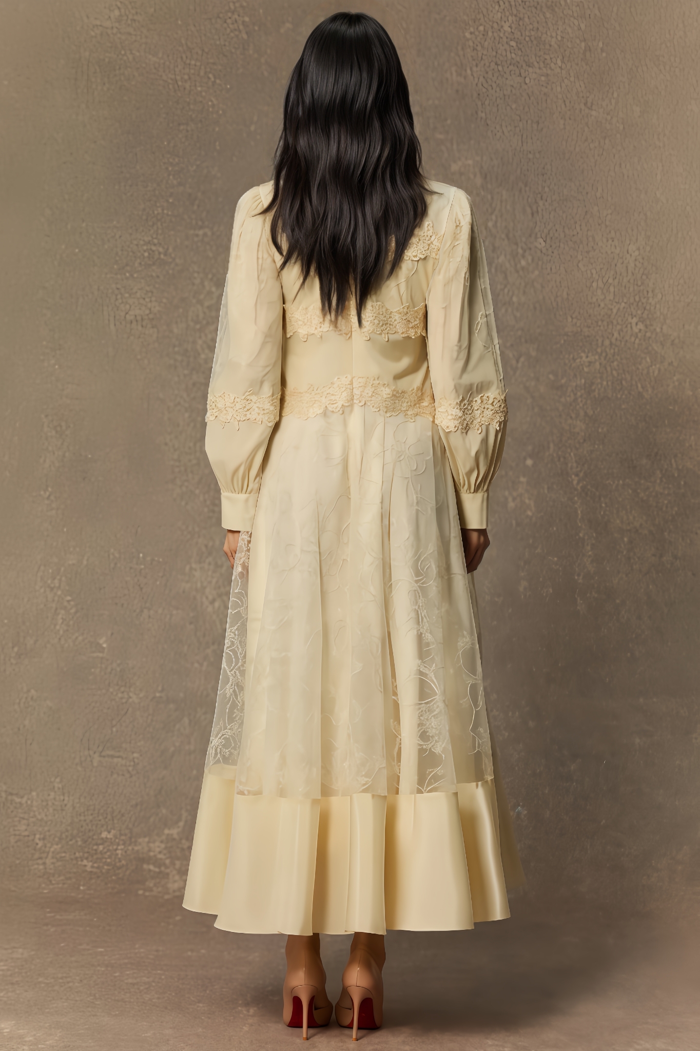 Dizzt Lace Embroidered Lantern Sleeve Maxi Dress