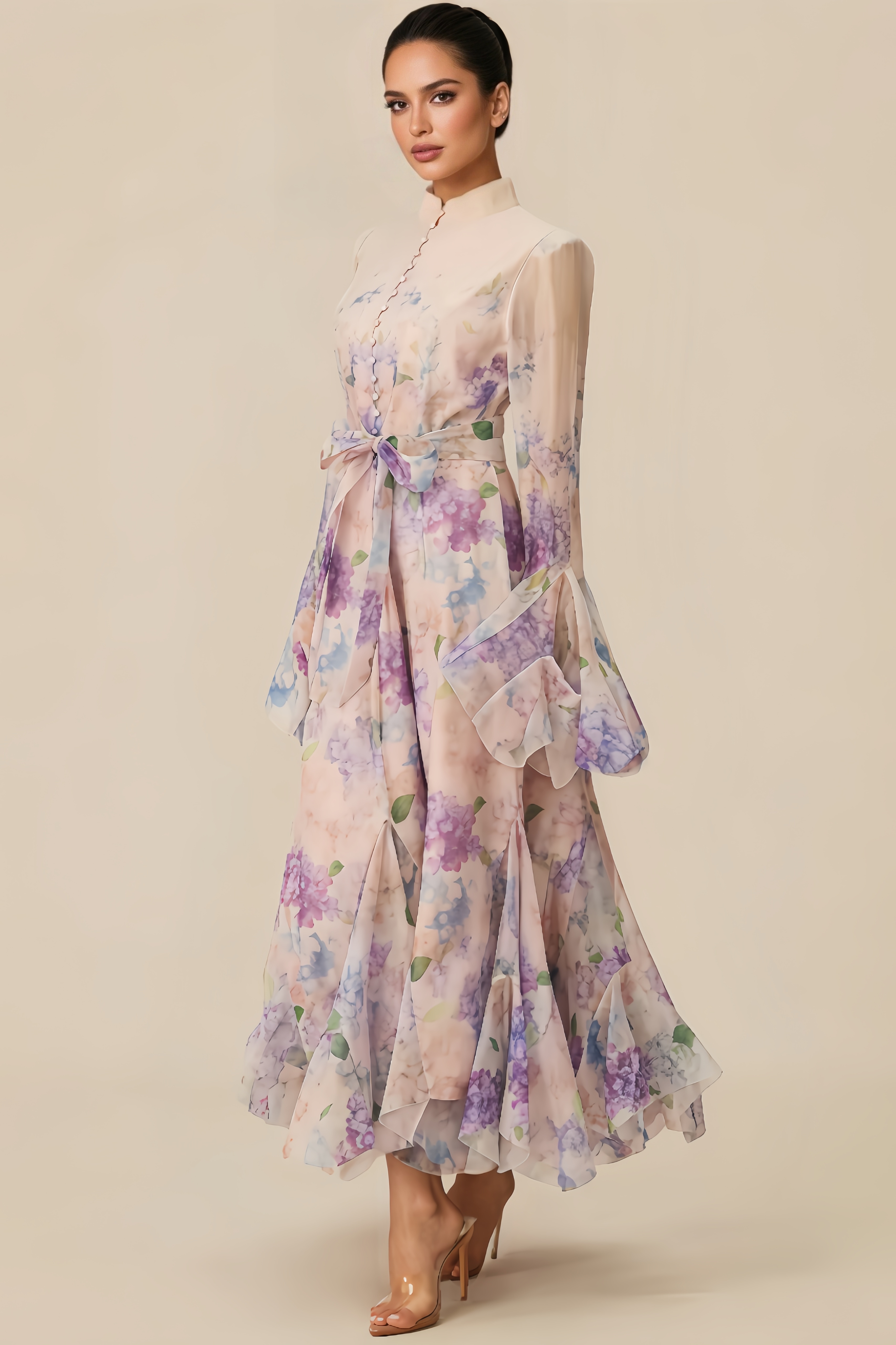 Clara Floral Print Ruffle Cuff Maxi Dress
