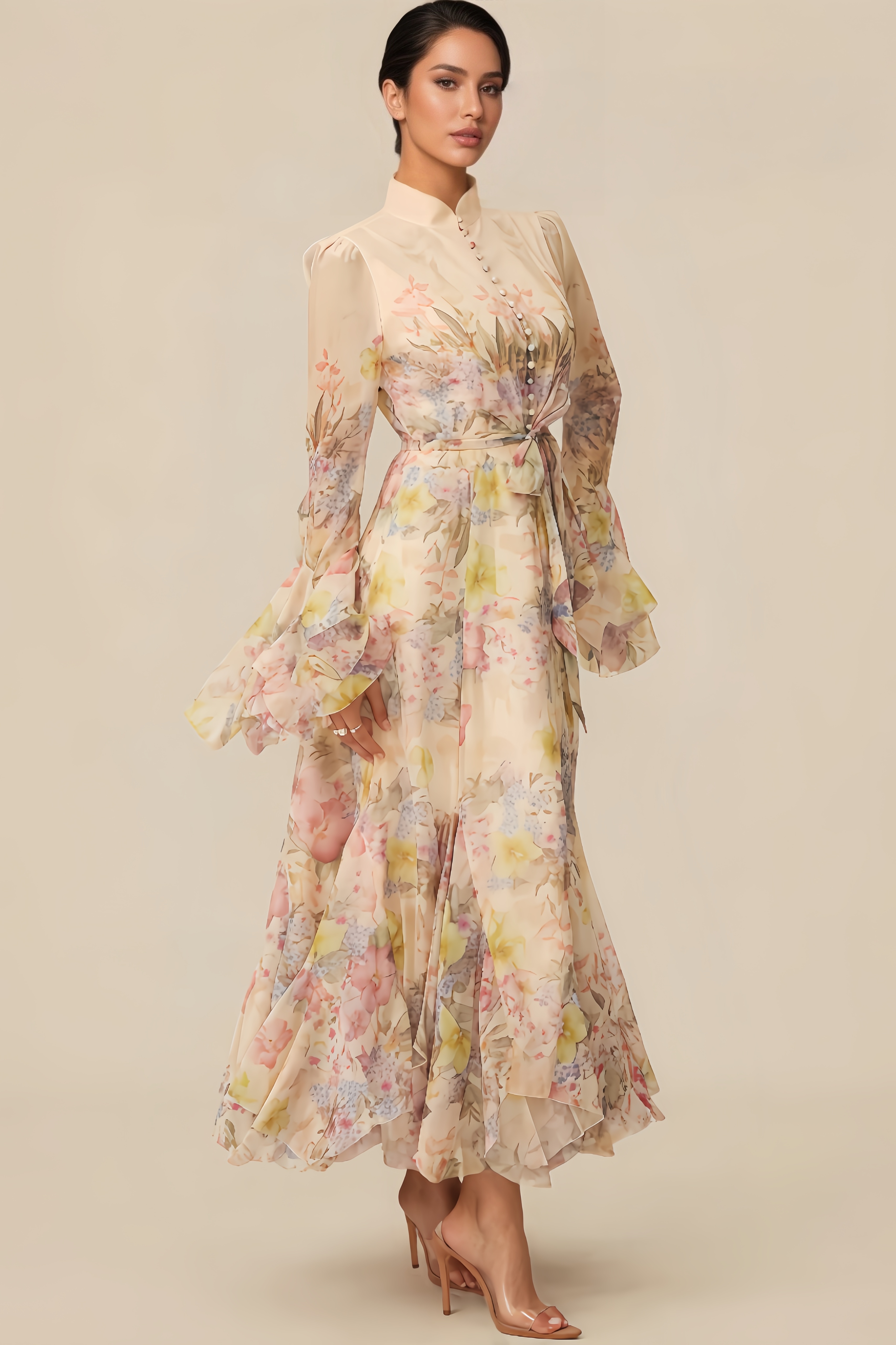 Inina Floral Print Ruffle Cuff Maxi Dress