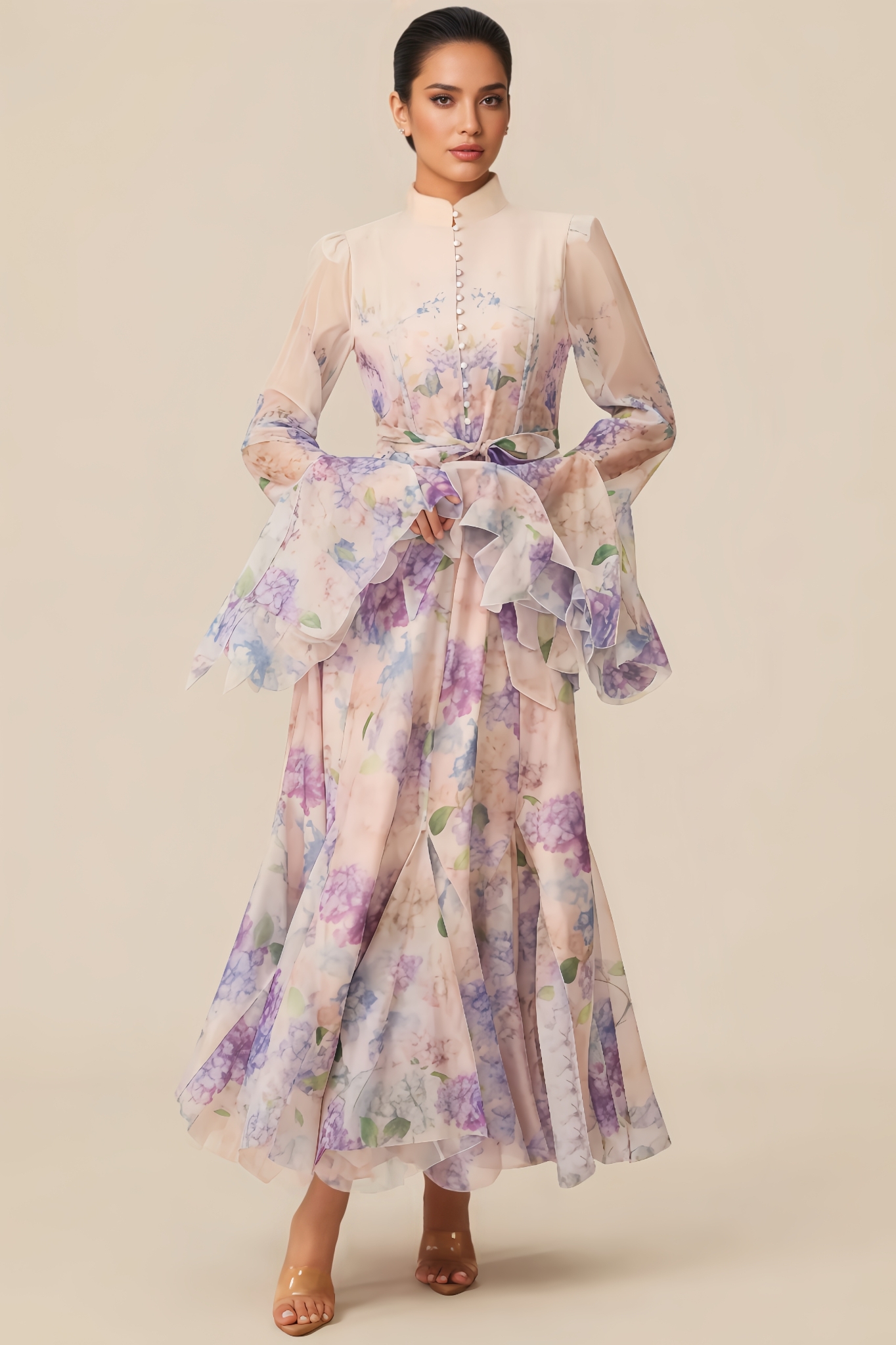 Clara Floral Print Ruffle Cuff Maxi Dress