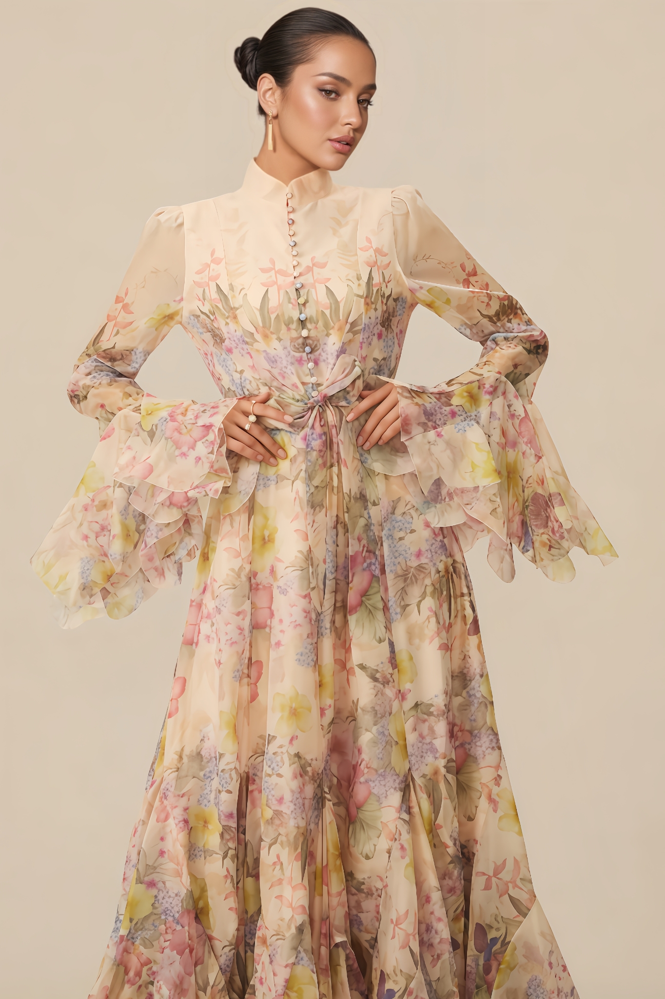 Inina Floral Print Ruffle Cuff Maxi Dress