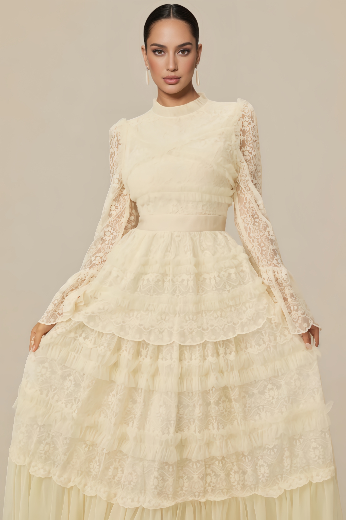 Molao White Lace Tiered Maxi Dress