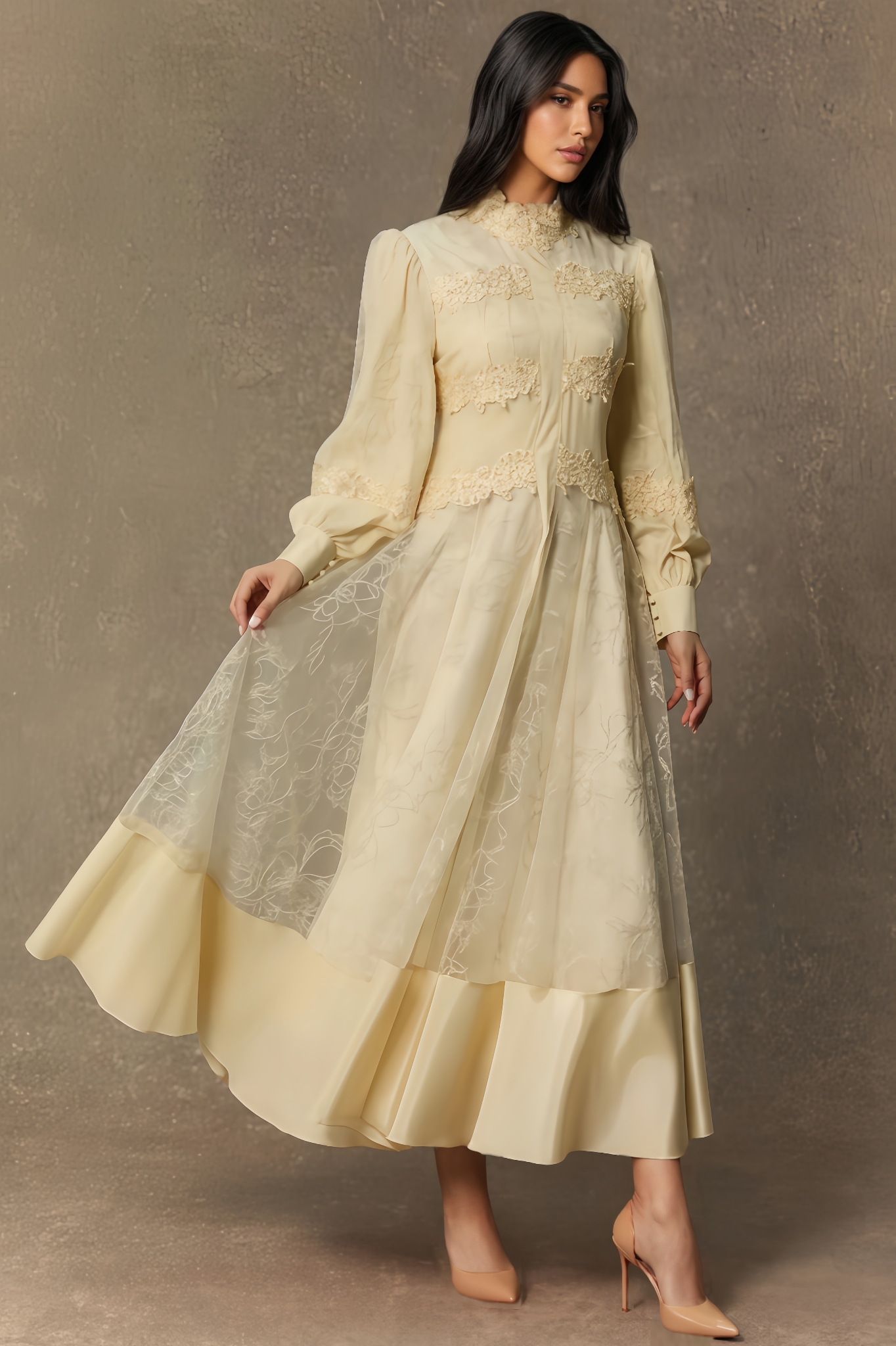 Dizzt Lace Embroidered Lantern Sleeve Maxi Dress