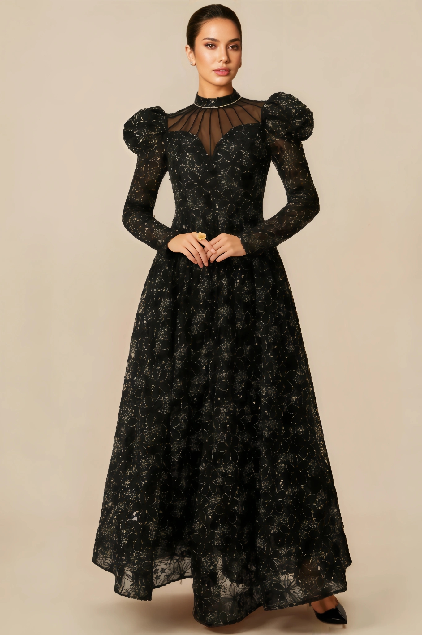 Riza Lace Floral Embroidered Puff-Sleeve Maxi Dress